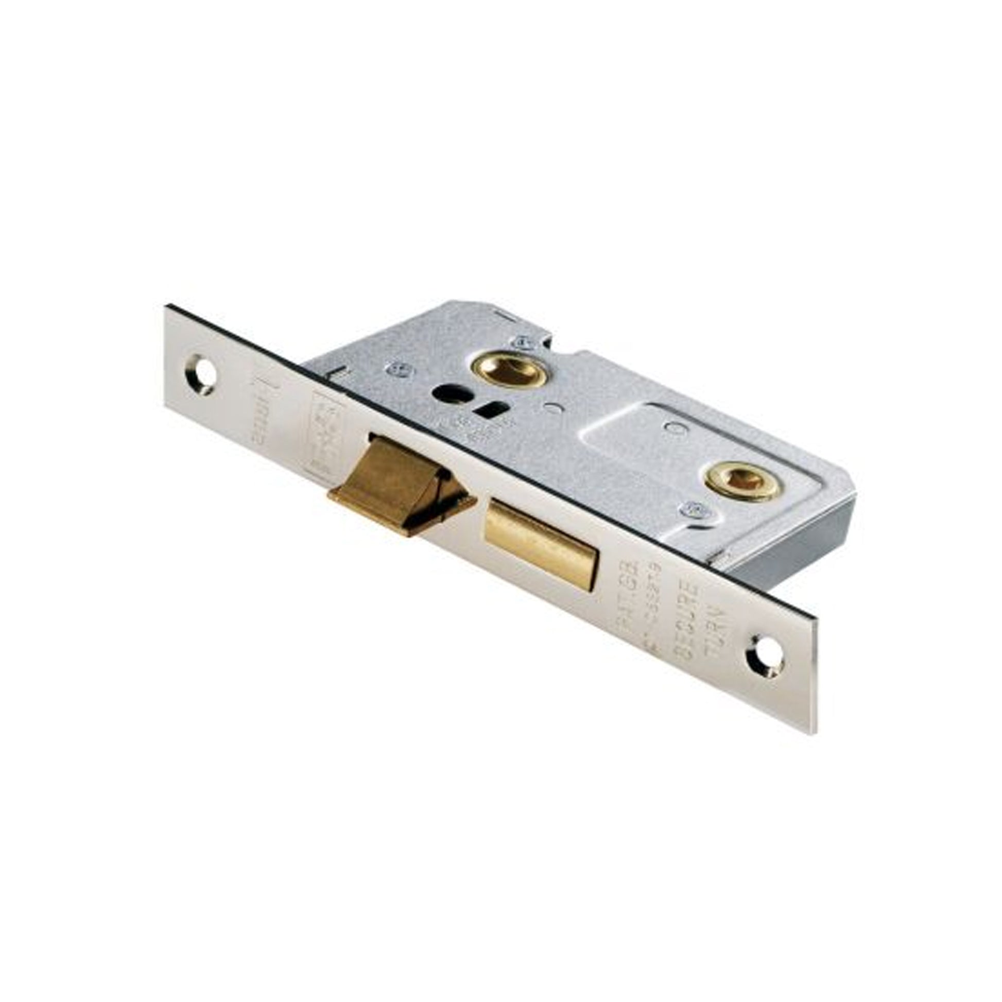 Angled view of a Nickel Plated Silver WC Bathroom Lock mechanism on a white background.