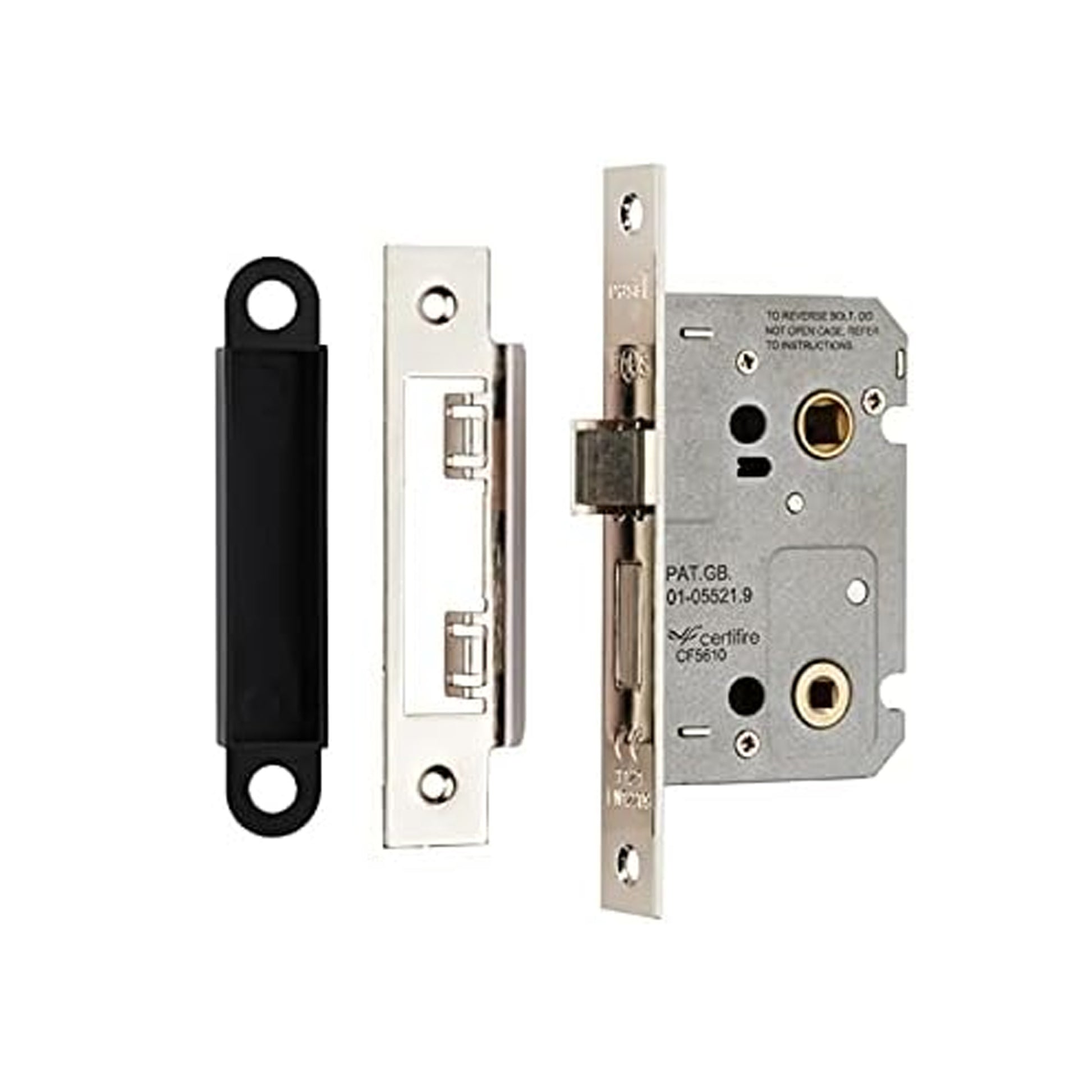 View of the components of a Nickel Plated Silver WC Bathroom Lock on a white background.