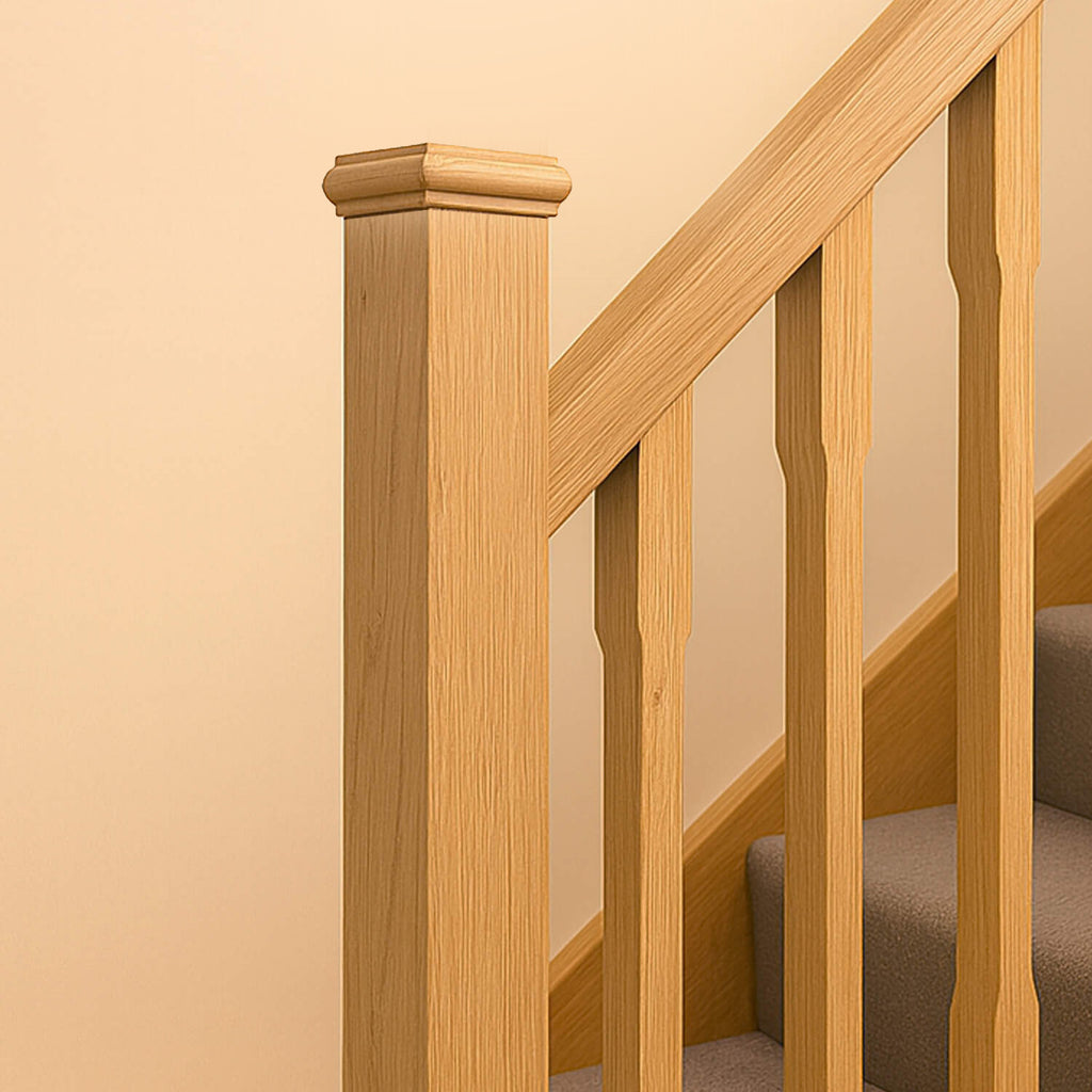 Oak Blank Newel Post on a wooden staircase with beige wall background
