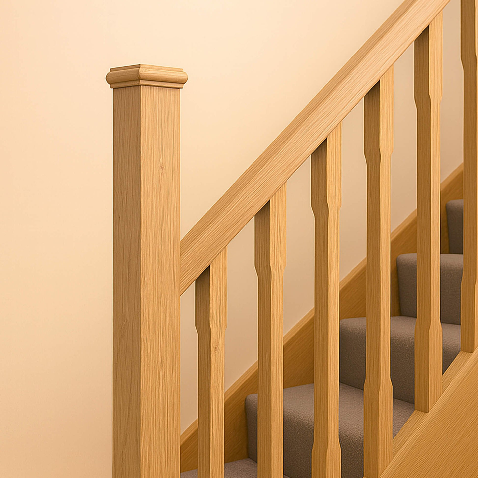 Oak Blank Newel Post on a wooden staircase with beige wall background