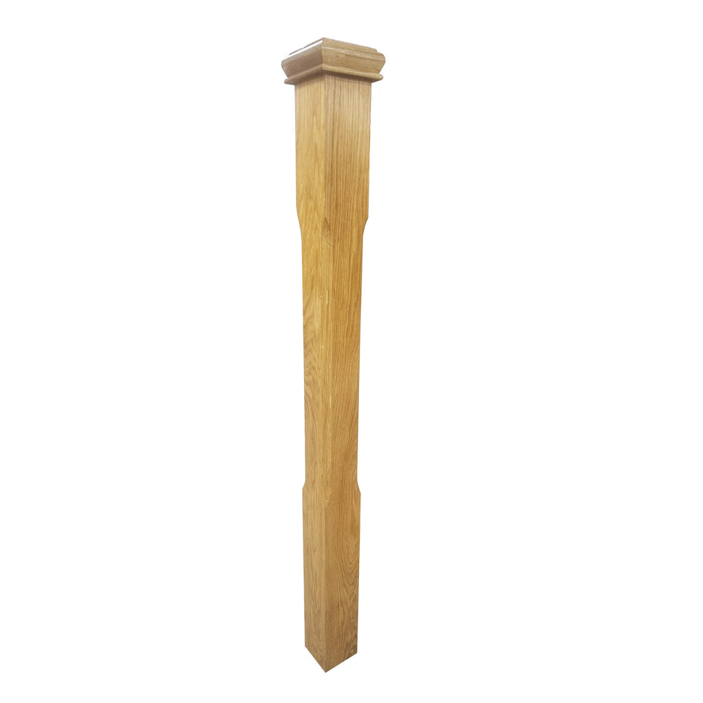 Angled view on an Oak Chamfered Newel Post with an oak pyramid newel cap on a white background.