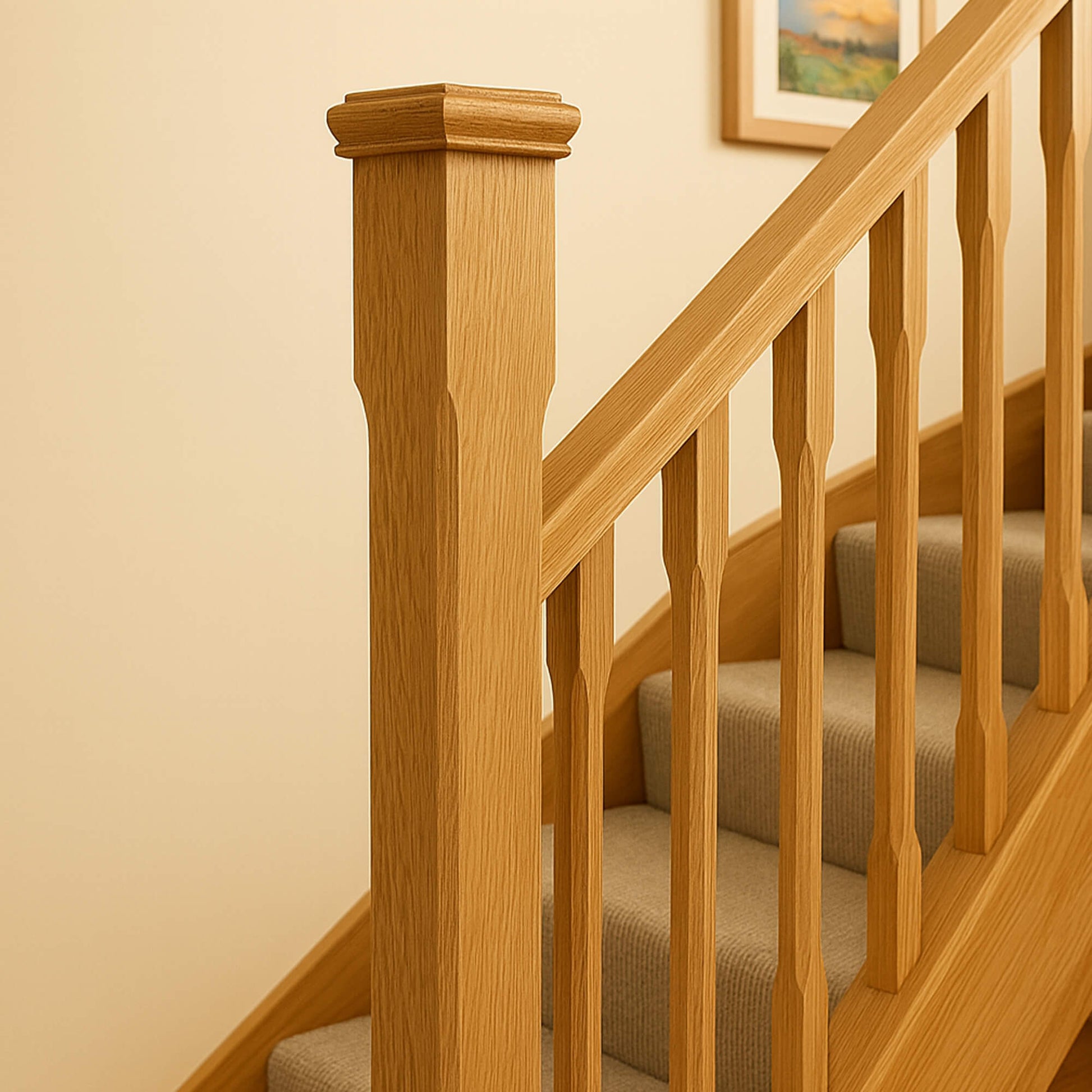 Oak Chamfered Newel Post with an oak newel cap, with chamfered oak spindles in a home interior setting.