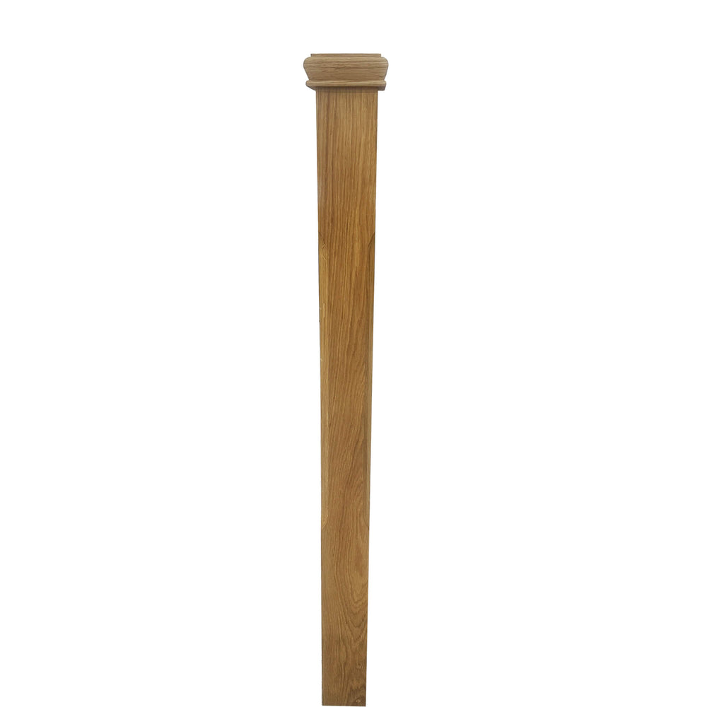 An Oak Chamfered Newel Post with an oak pyramid newel cap on a white background.