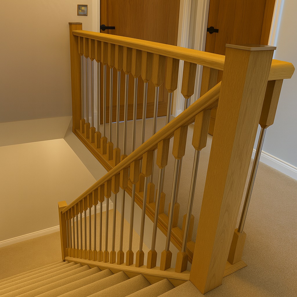 Oak Wooden staircase with railing and Oak Insight Spindles in a home landing setting.