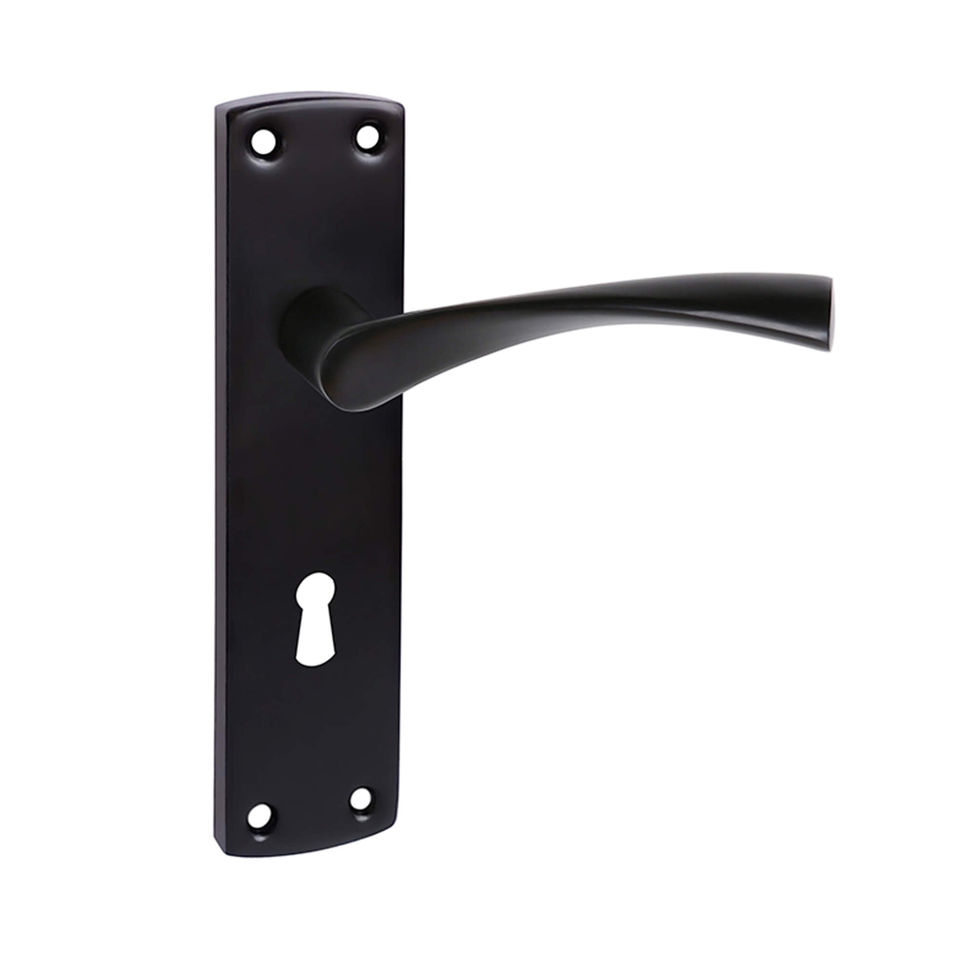A Orion E-Black lock backplate door handle on a white background