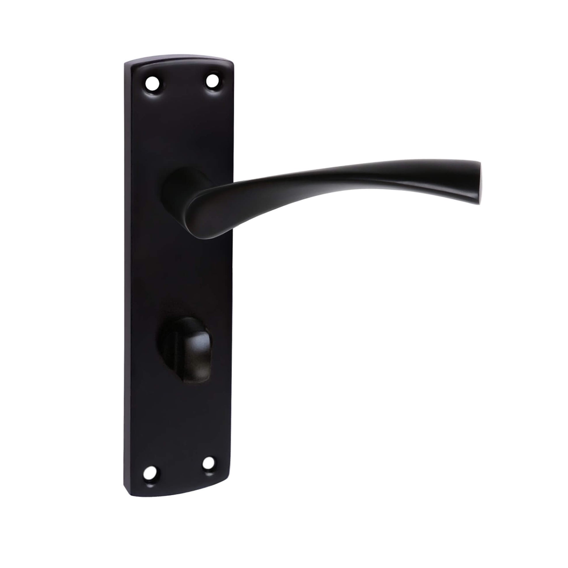 A Orion E-Black wc bathroom thumturn backplate door handle on a white background
