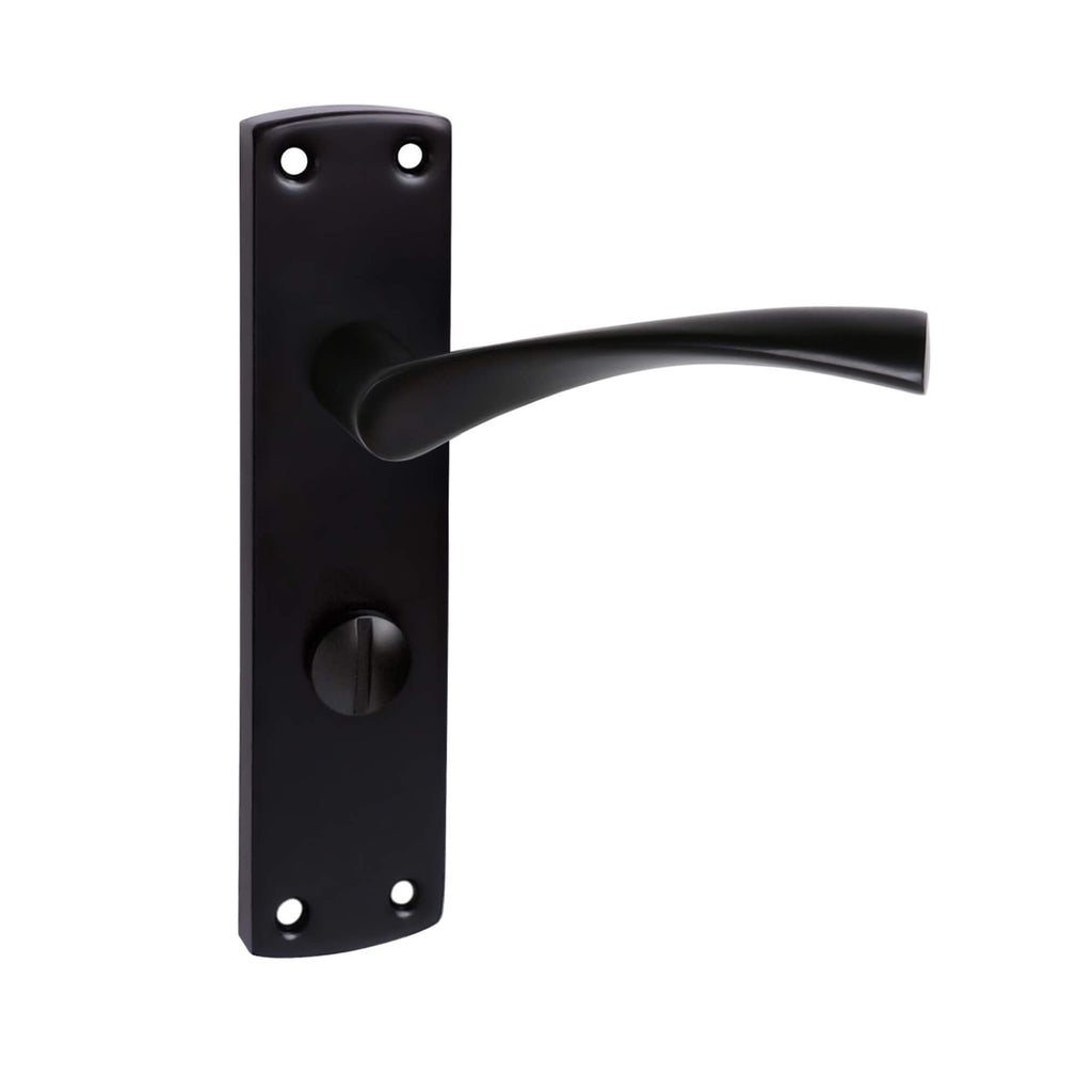 A Orion E-Black wc bathroom thumturn front backplate door handle on a white background