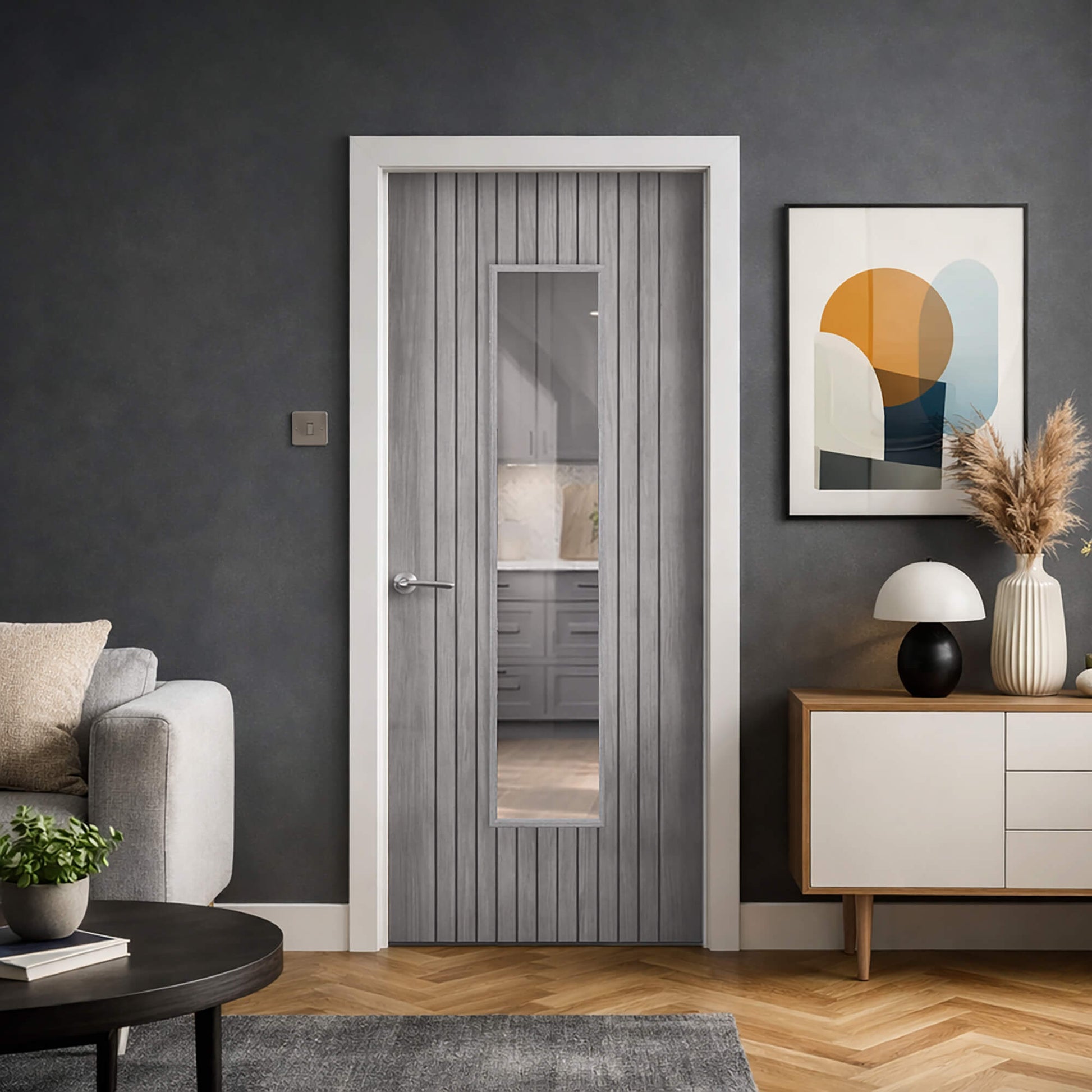 An Ottawa Lava Grey 1 Lite Pre-Glazed 35mm Internal Laminate Door with a Storm door handle, in a modern living room setting.