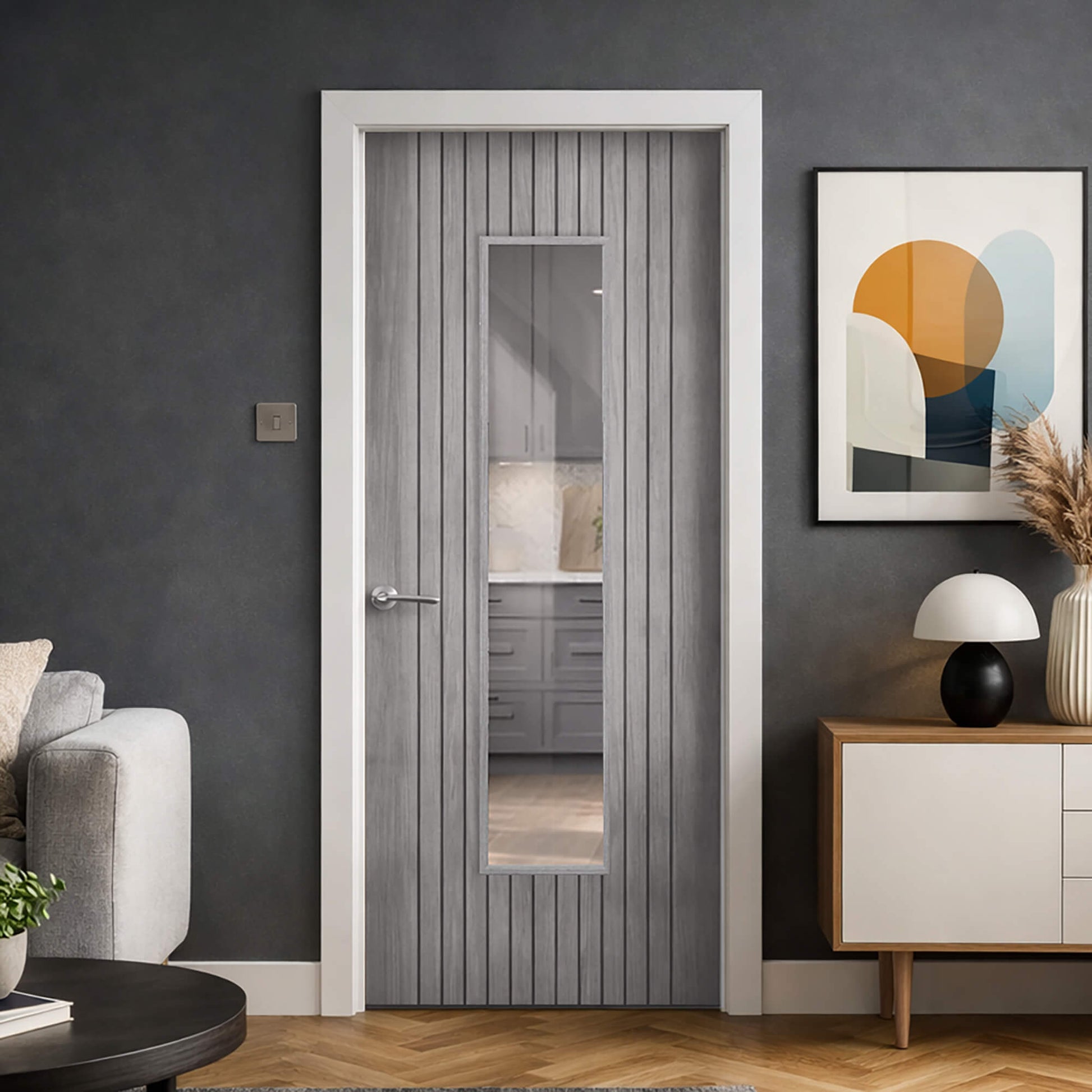 An Ottawa Lava Grey 1 Lite Pre-Glazed 35mm Internal Laminate Door with a Storm door handle, in a modern living room setting.