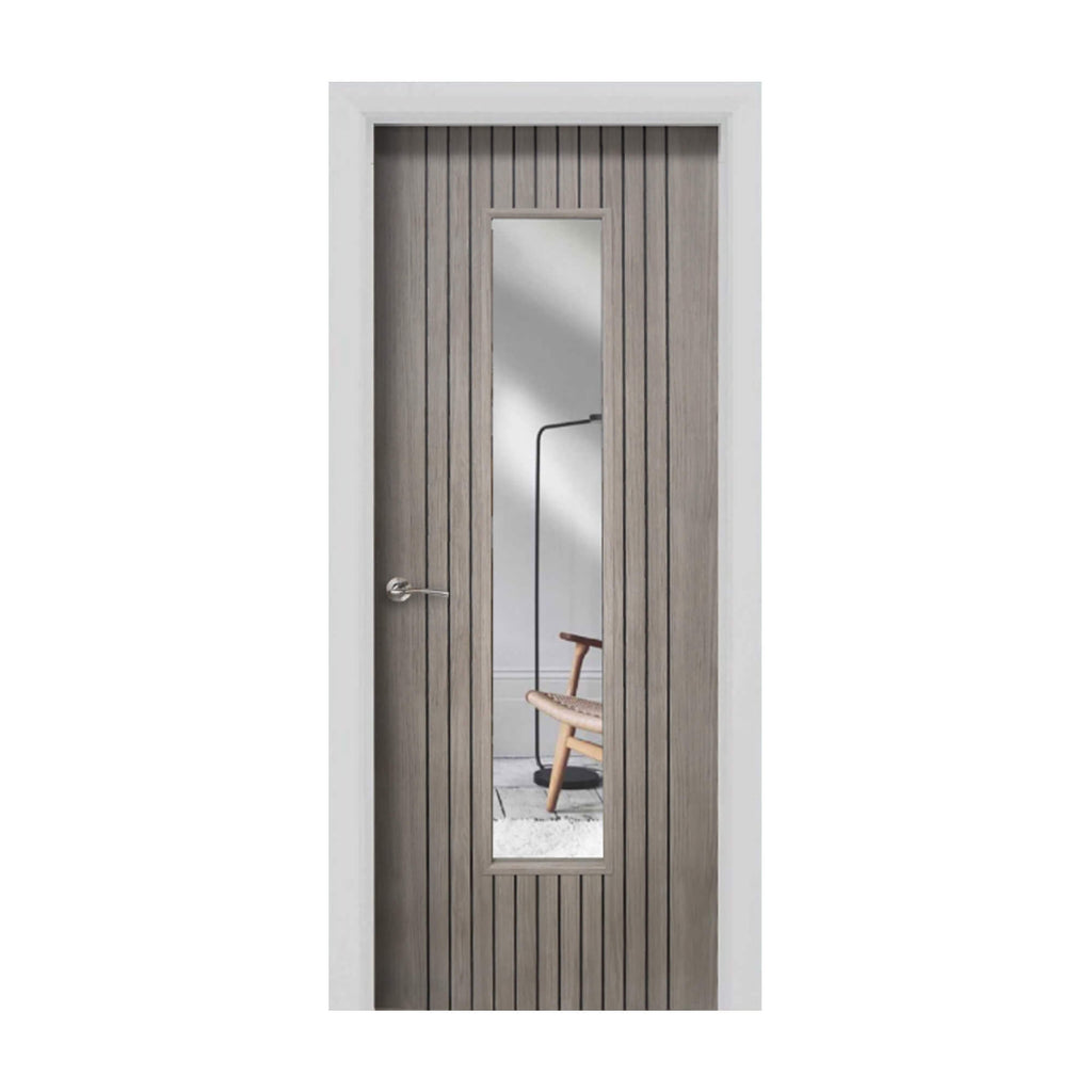 An Ottawa Lava Grey 1 Lite Pre-Glazed 35mm Internal Laminate Door with a Storm door handle, on a white background.