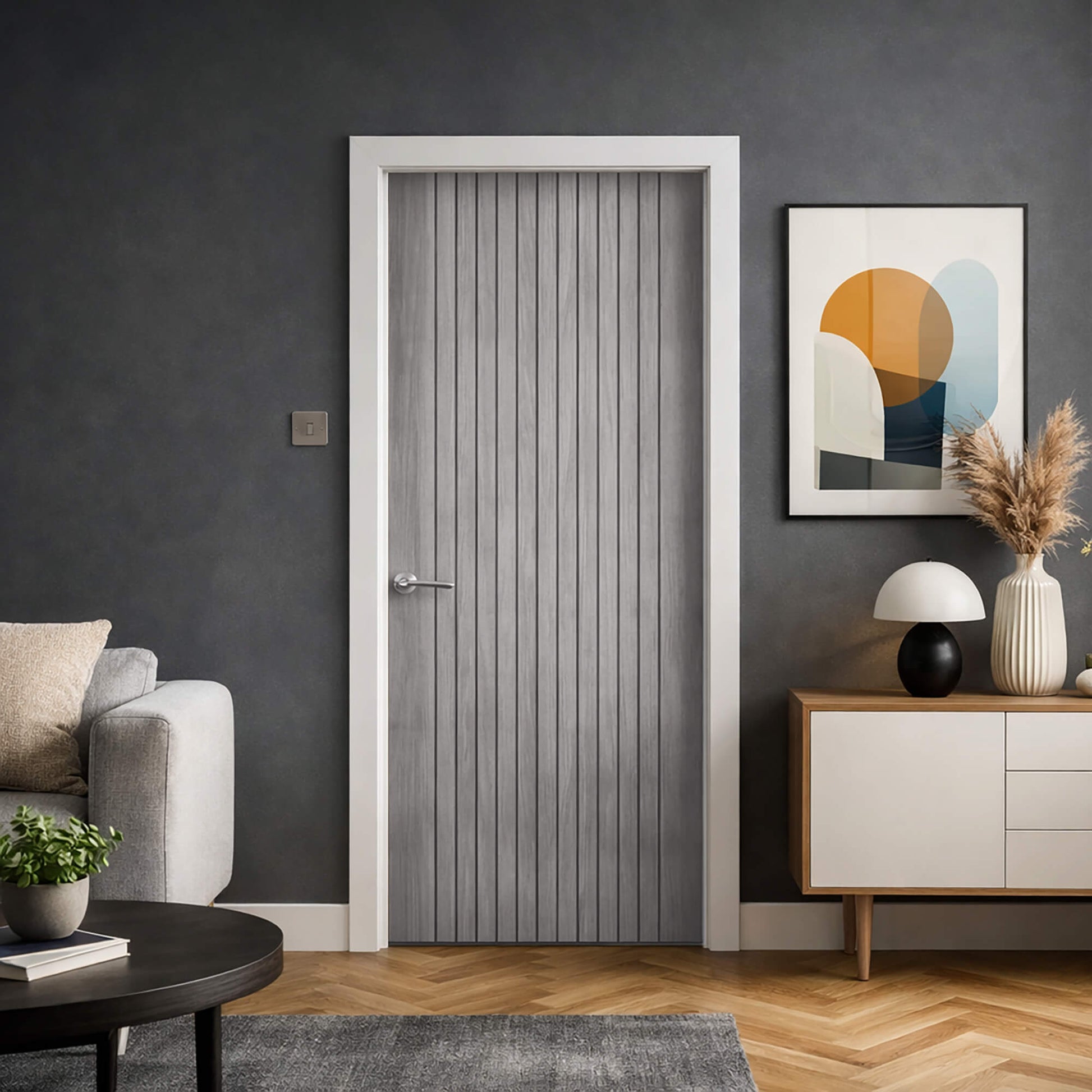An Ottawa Lava Grey 35mm Internal Laminate Door with a Storm handle, in a modern home living room setting.