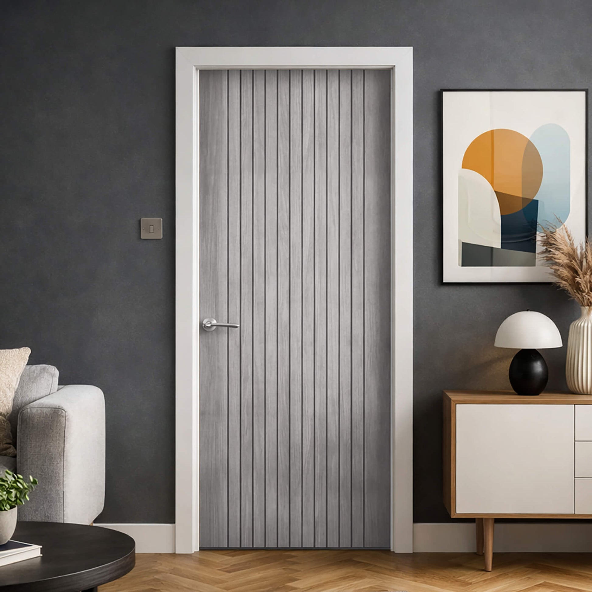 An Ottawa Lava Grey 35mm Internal Laminate Door with a Storm handle, in a modern home interior setting.