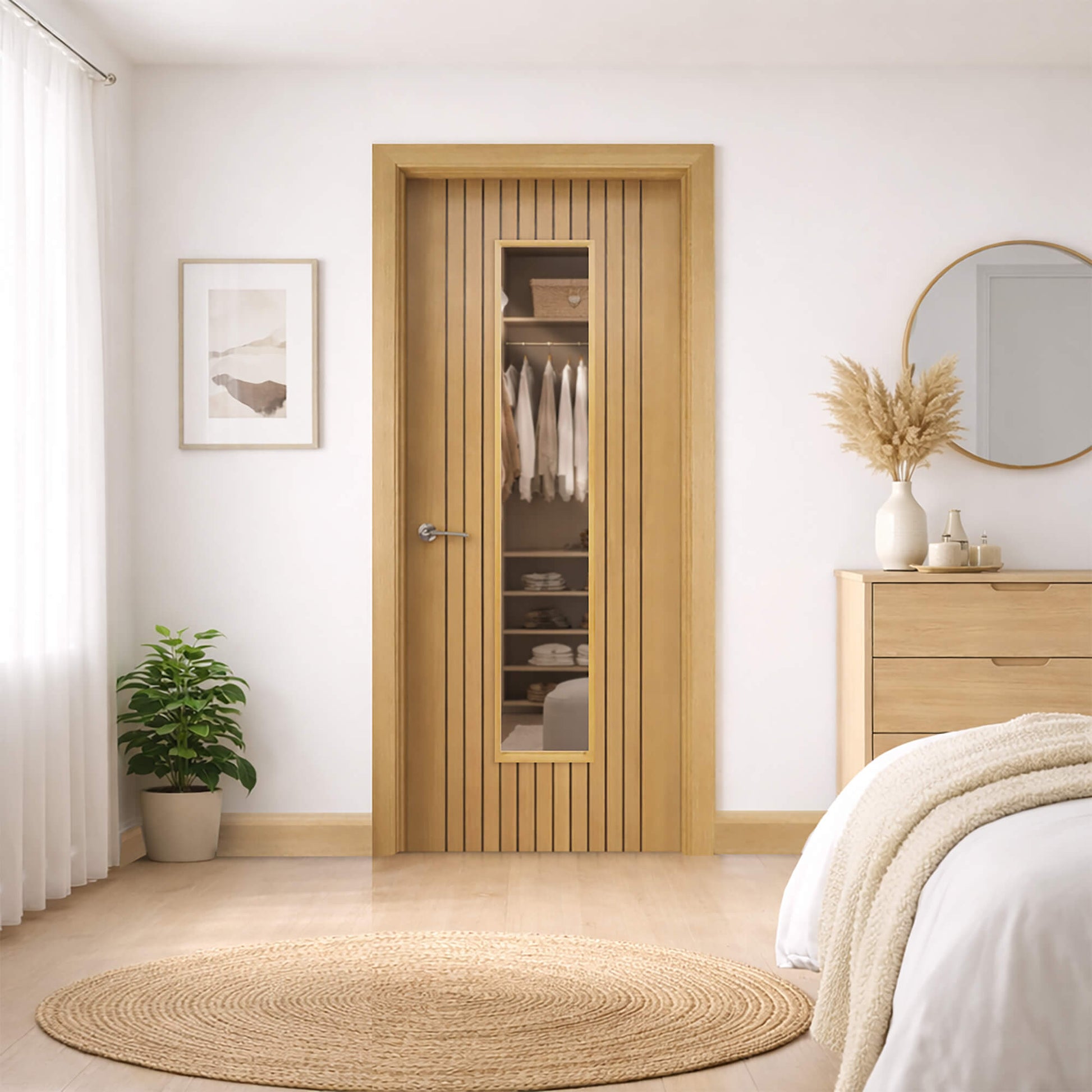 An Ottawa Olive Oak 1 Lite Pre-Glazed 35mm Laminate Door in a bedroom setting.