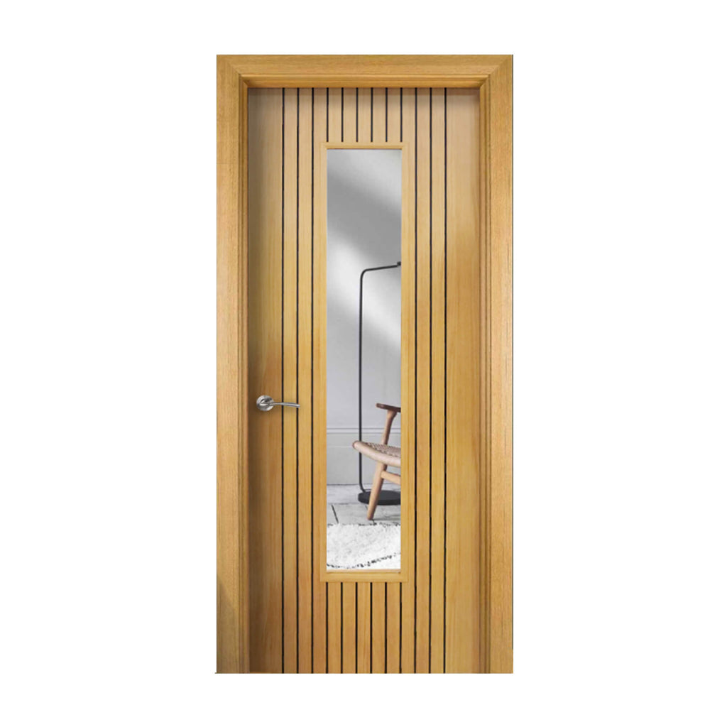 An Ottawa Olive Oak 1 Lite Pre-Glazed 35mm Laminate Door, with a storm handle,  on a white background.