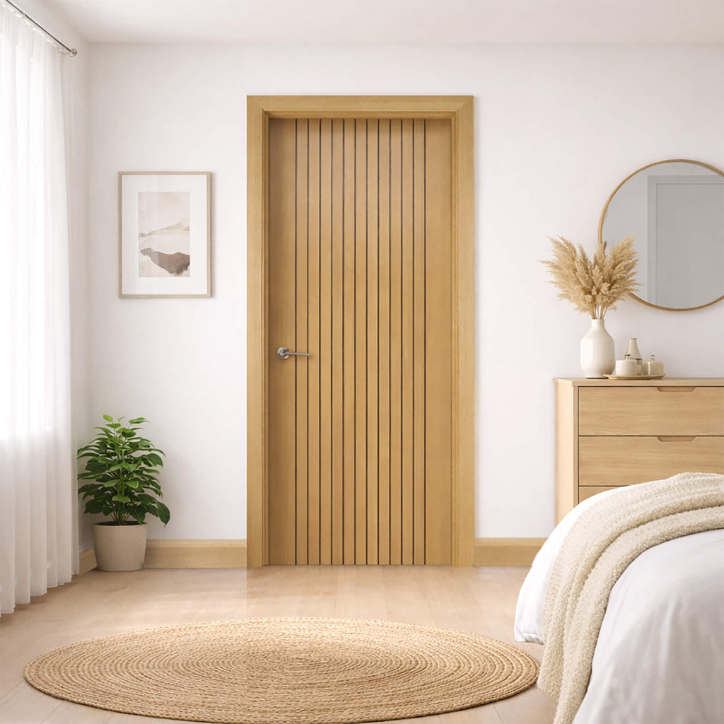 An Ottawa Olive Oak 35mm Internal Laminate Door, with a Storm Handle, in a bedroom interior setting.