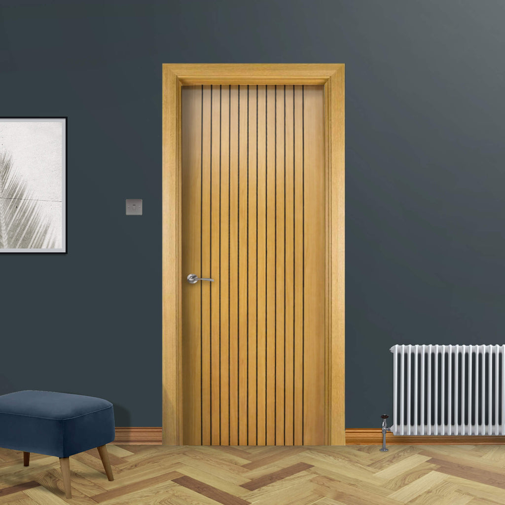 An Ottawa Olive Oak 35mm Internal Laminate Door, with a Storm Handle, in a home interior setting.
