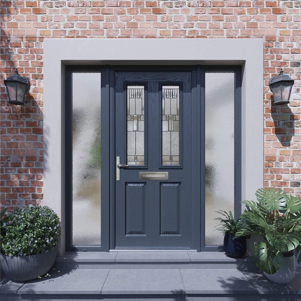 An Anthracite Grey Composite GRP External Door with obscure glass panel sidelights on a home exterior brick wall background.