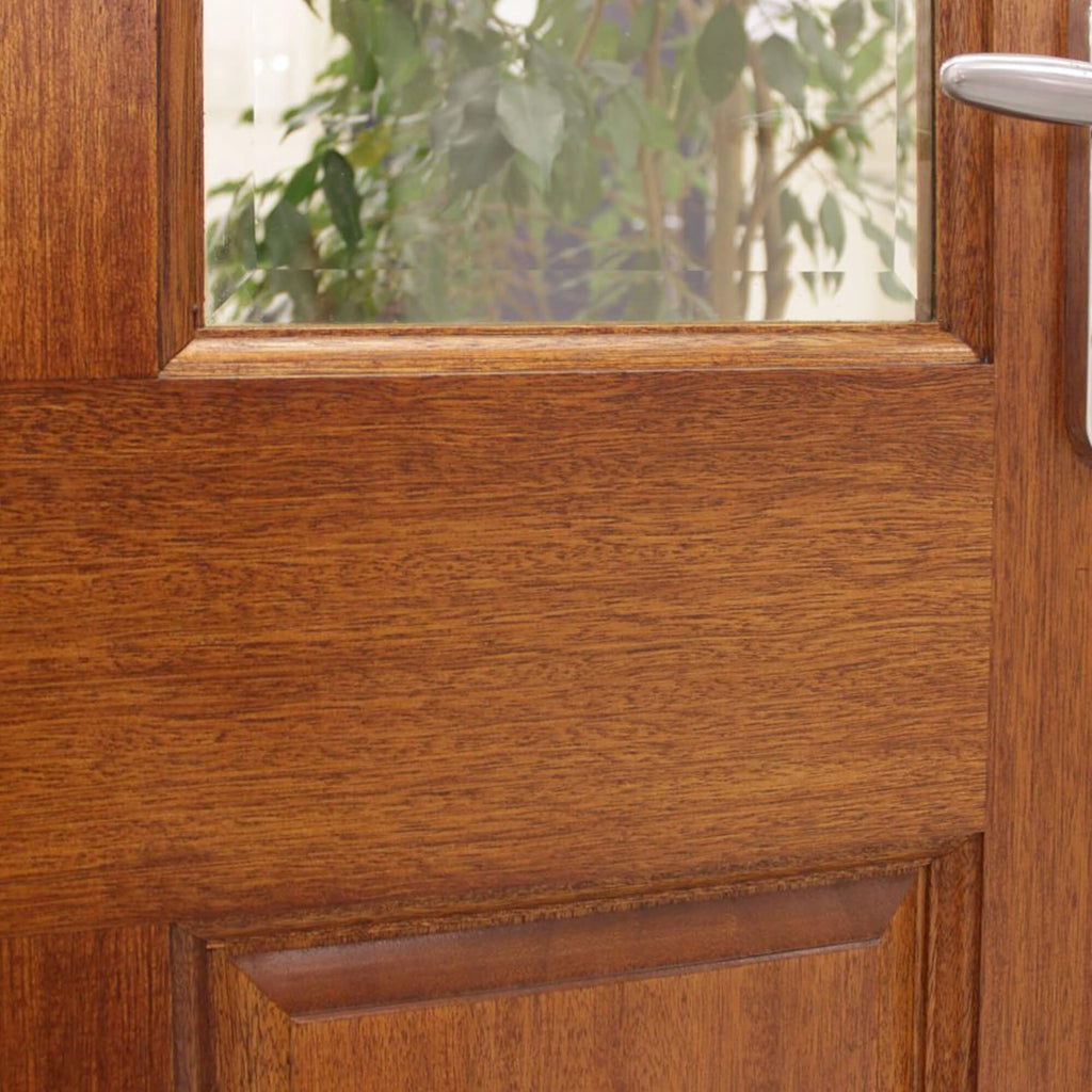 Close-up of a bevelled glazed panel on a Oxford Mahogany Pre-Glazed 44mm External Door