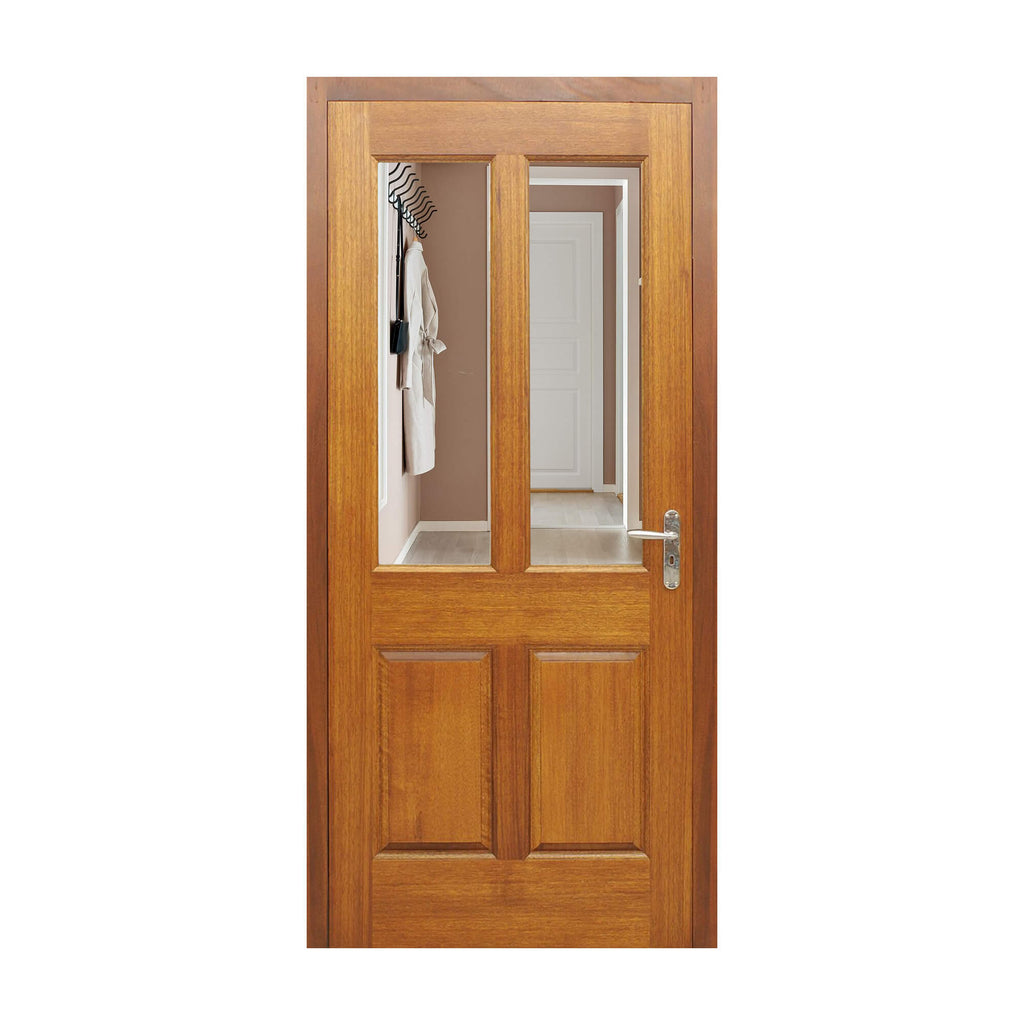An Oxford Mahogany Pre-Glazed 44mm External Door with two clear bevelled glass double glazed units on a white background.