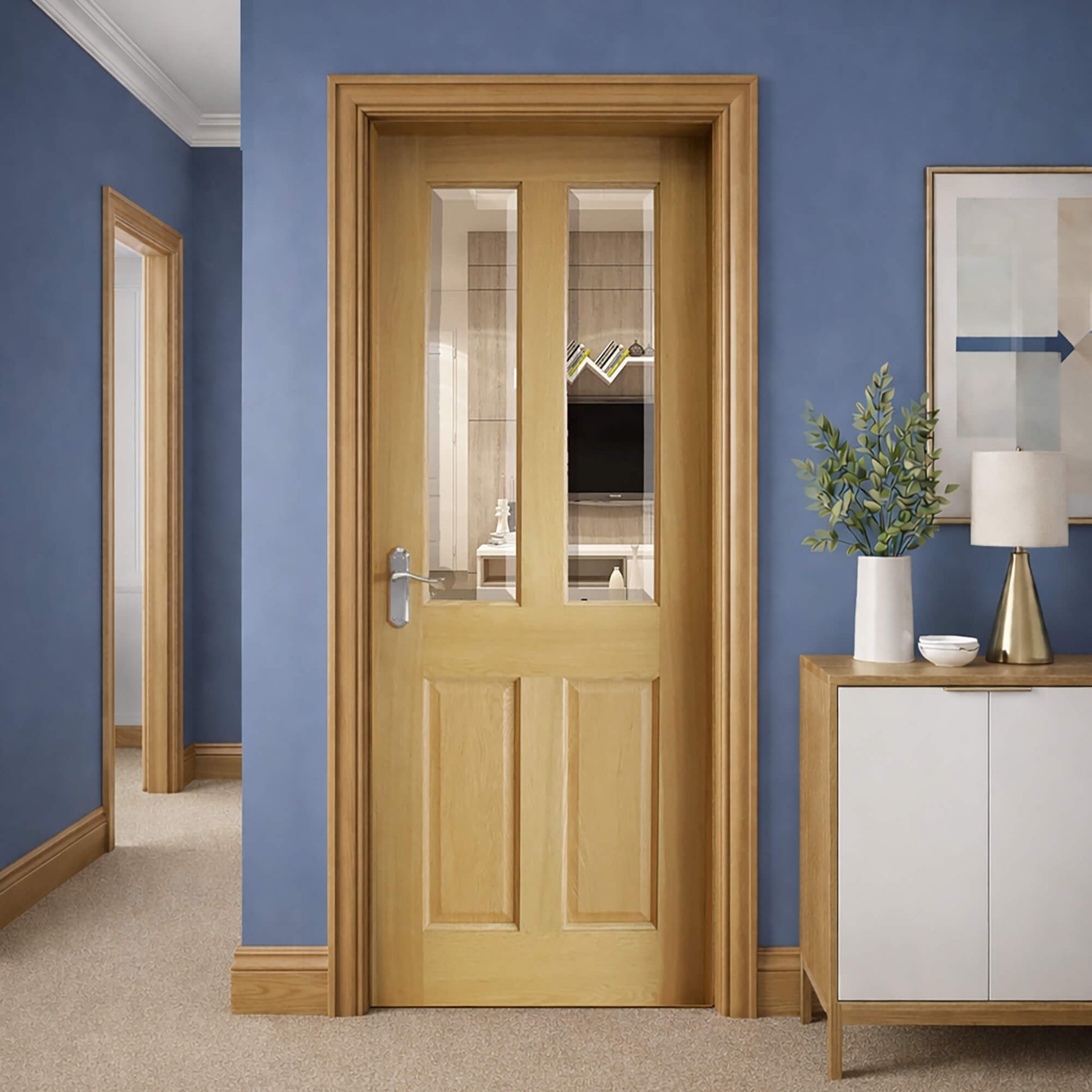 An Oxford White Oak Pre-Glazed 40mm Internal Door with oak architrave in a modern interior home setting.
