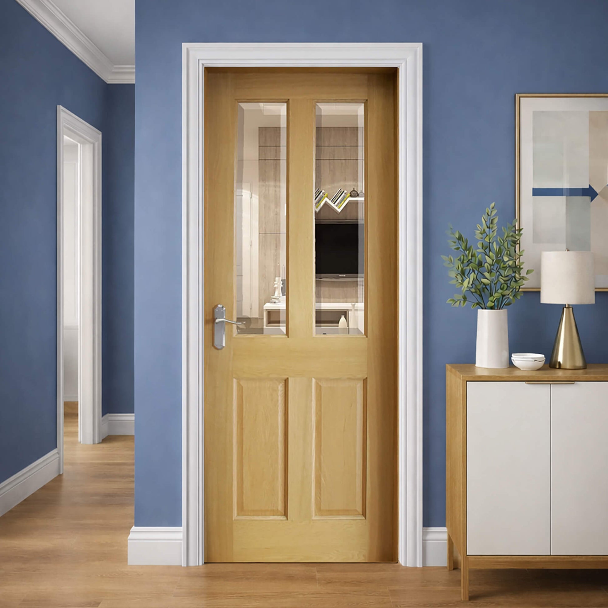 An Oxford White Oak Pre-Glazed 40mm Internal Door with white architrave in a modern interior home setting.