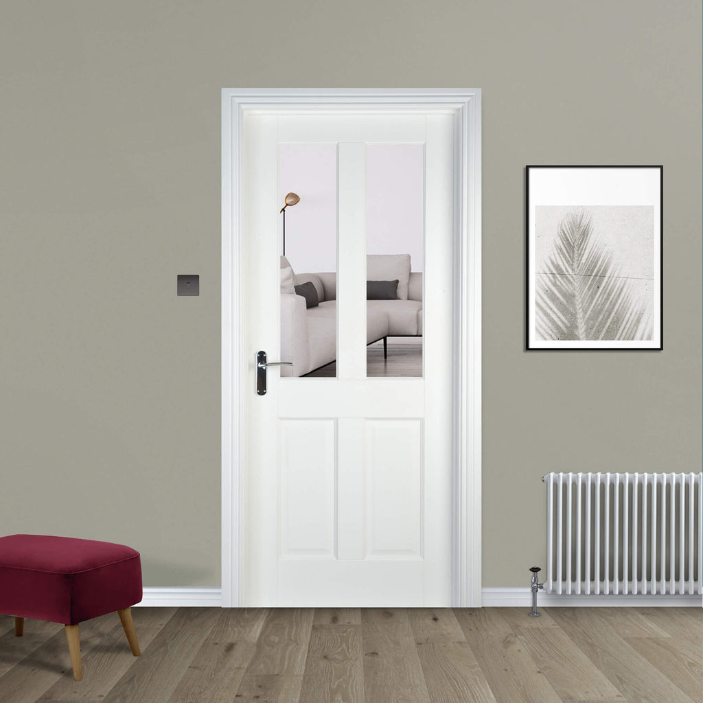 An Oxford White Primed Pre-Glazed 40mm Internal Door in a home setting.