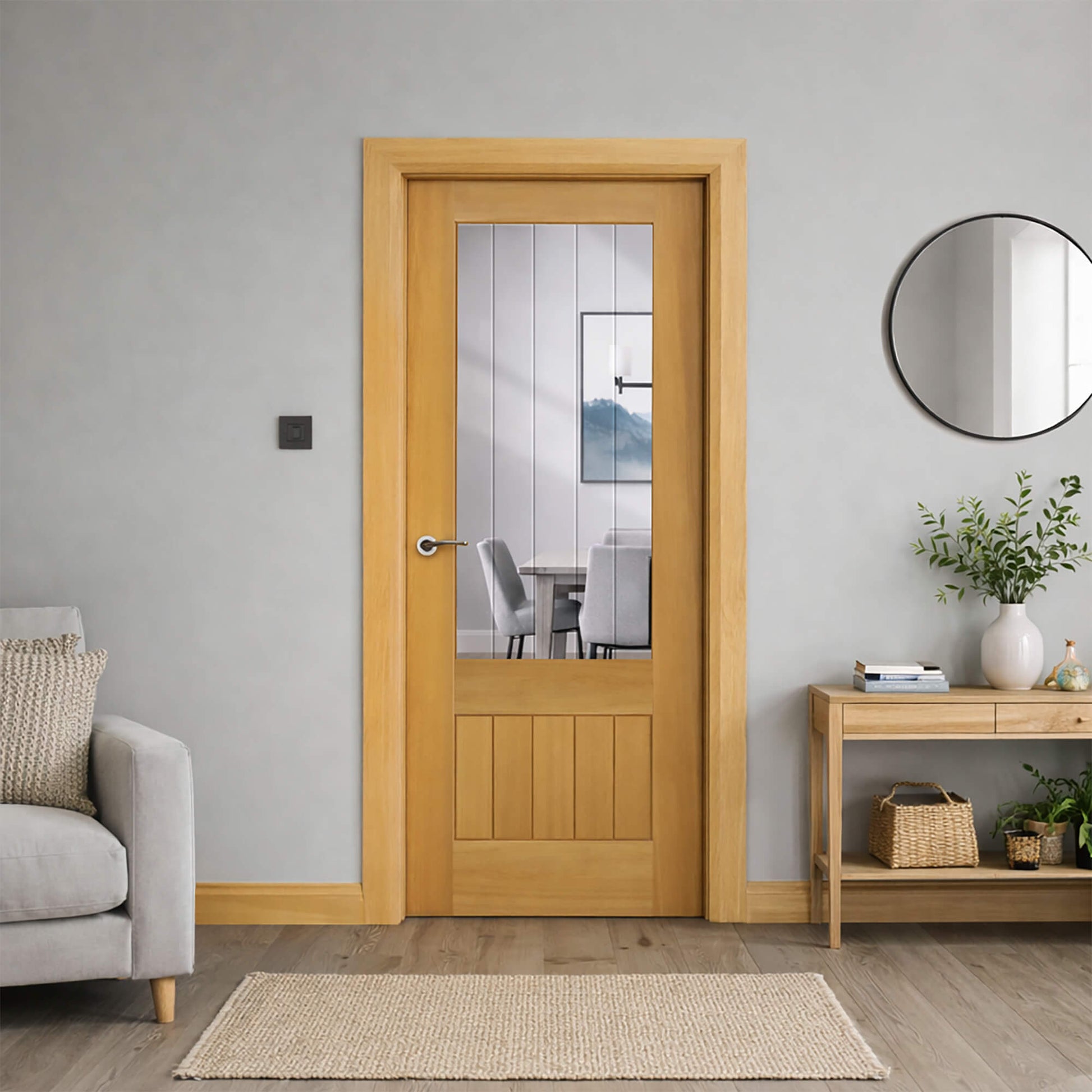 A Panama White Oak 1 Lite Pre-Glazed 35mm Internal Door with diamond cut glass in a modern home interior setting.