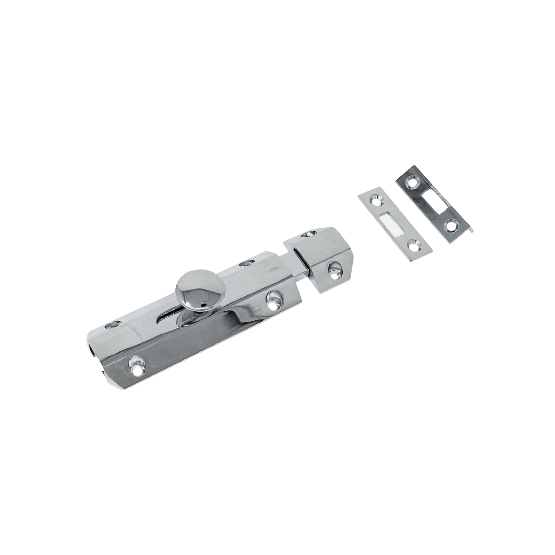 An angled view of a Polished Chrome 4" Surface Bolt