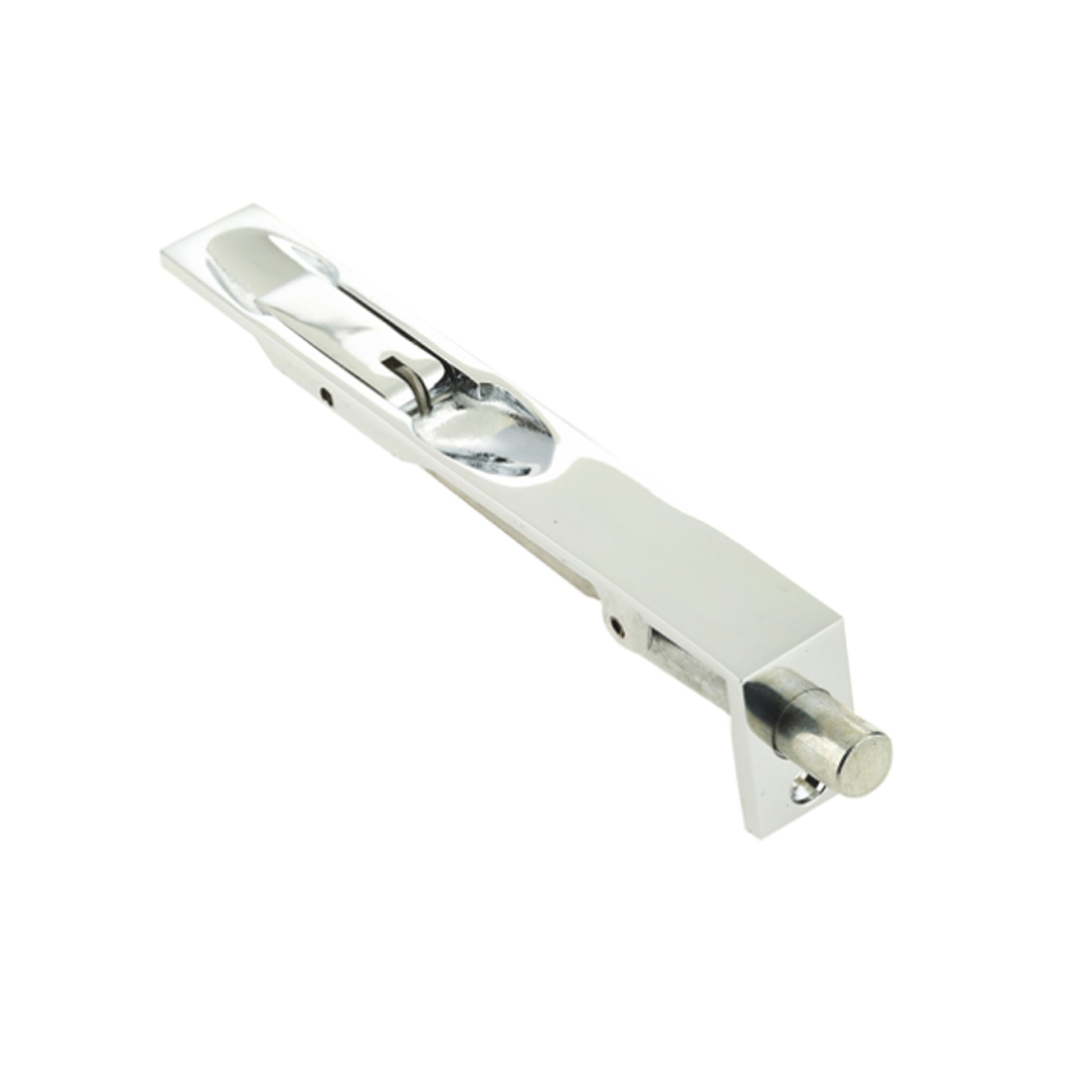 Angled view of a Polished Chrome 6" Flush Bolt on a white background.