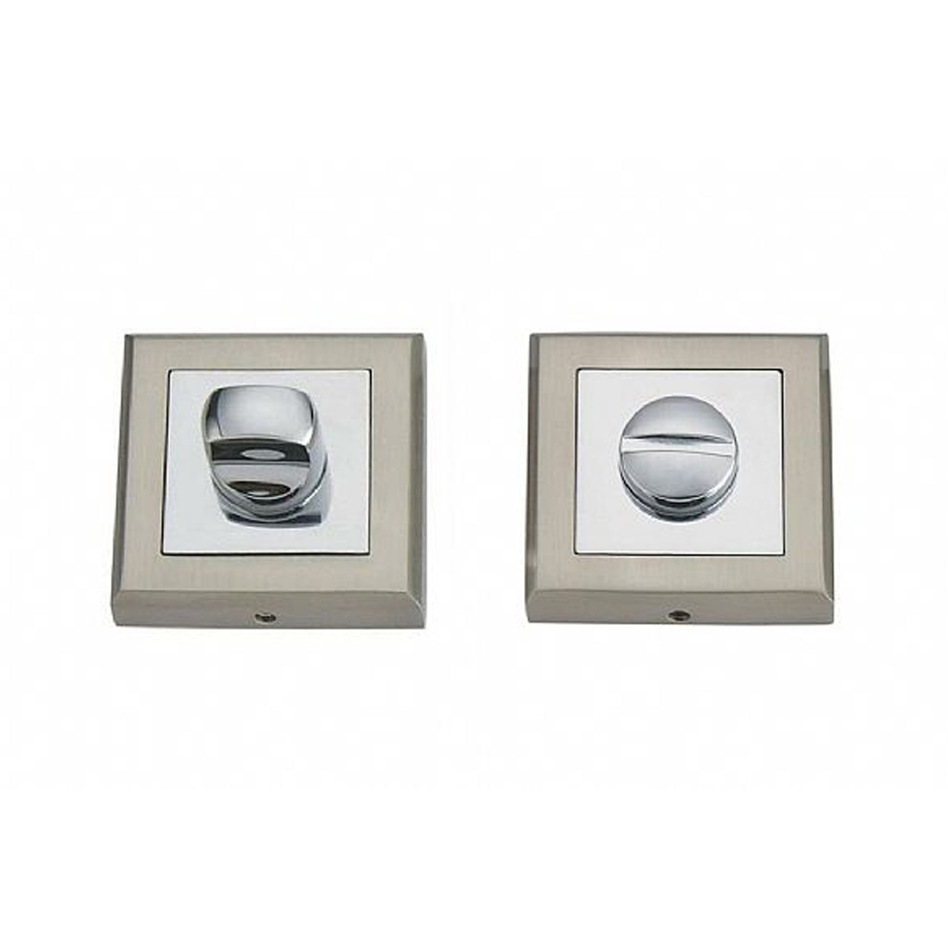 Nickel Brushed & Polished Chrome WC Square Thumbturn Set on a white background
