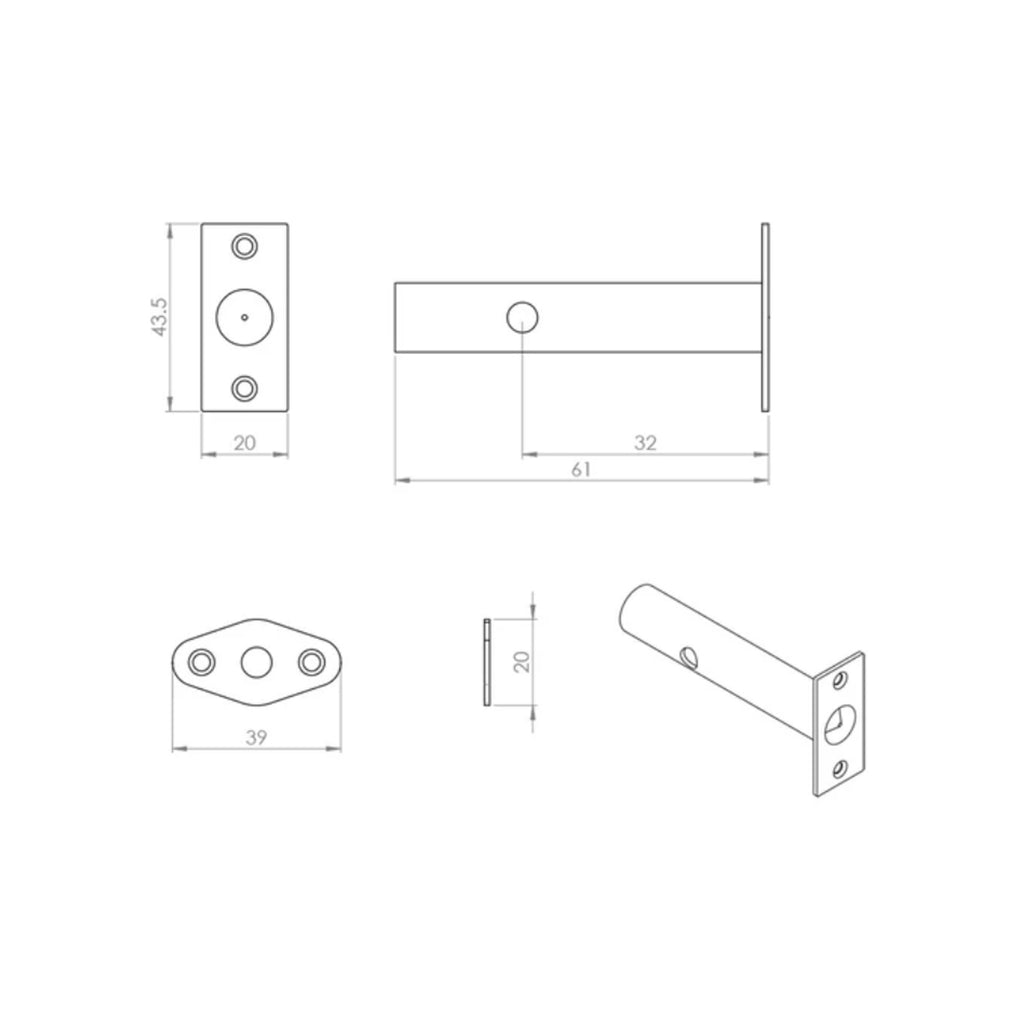 Technical drawing of a Polished Chrome Rack Bolt on a white background.