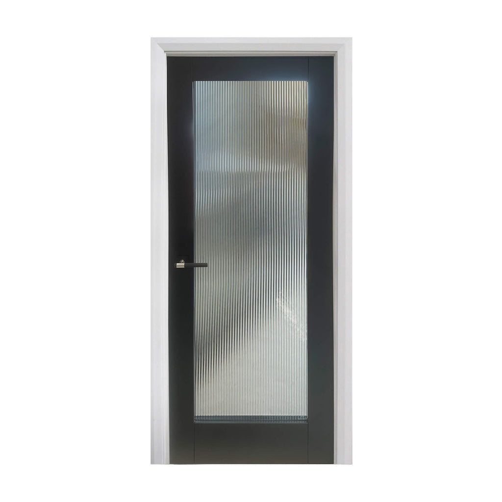 A Reeded Black Primer Plus 1 Lite Pre-Glazed Door on a white background