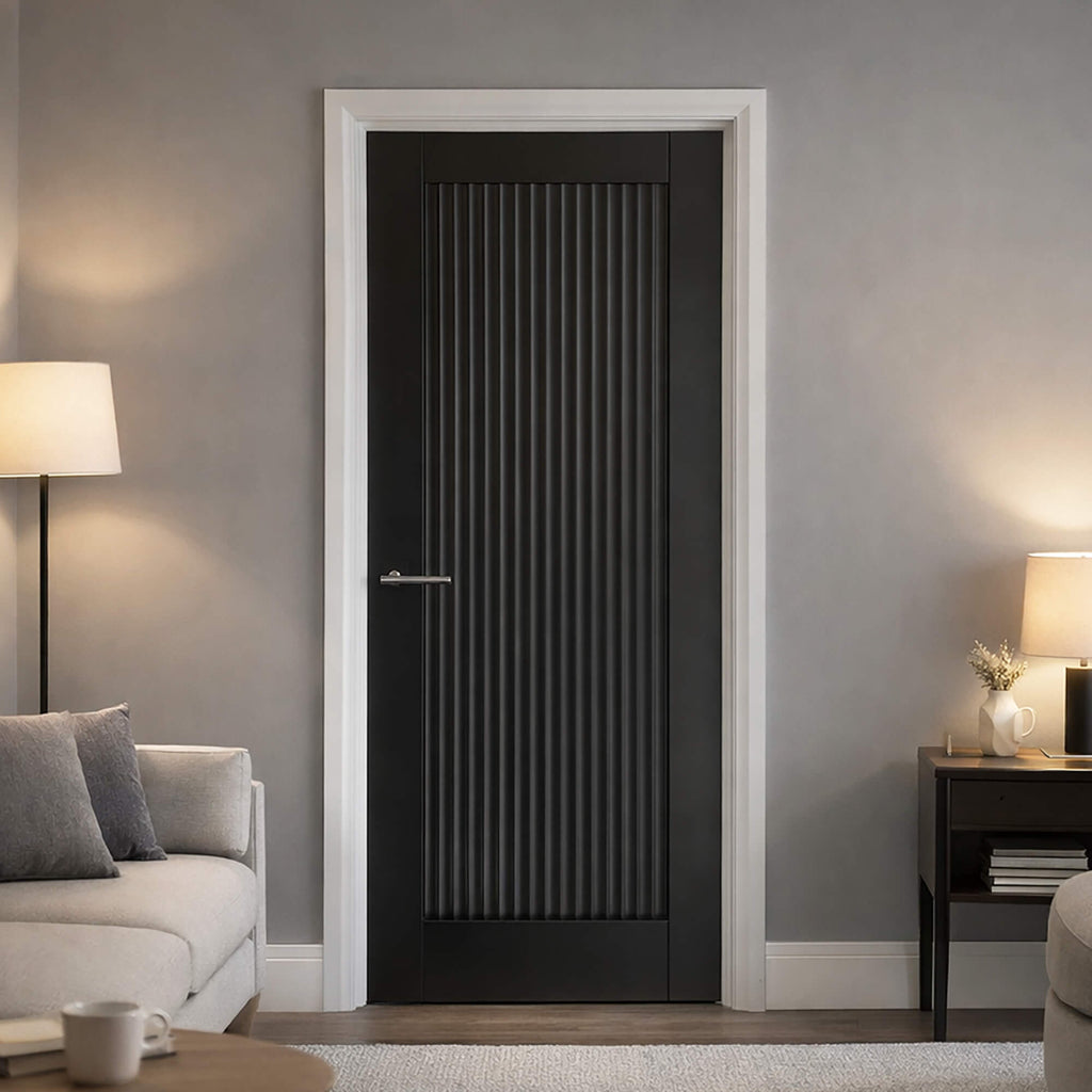 A Reeded Black Primer Plus 35mm  Internal Door in a modern home interior setting