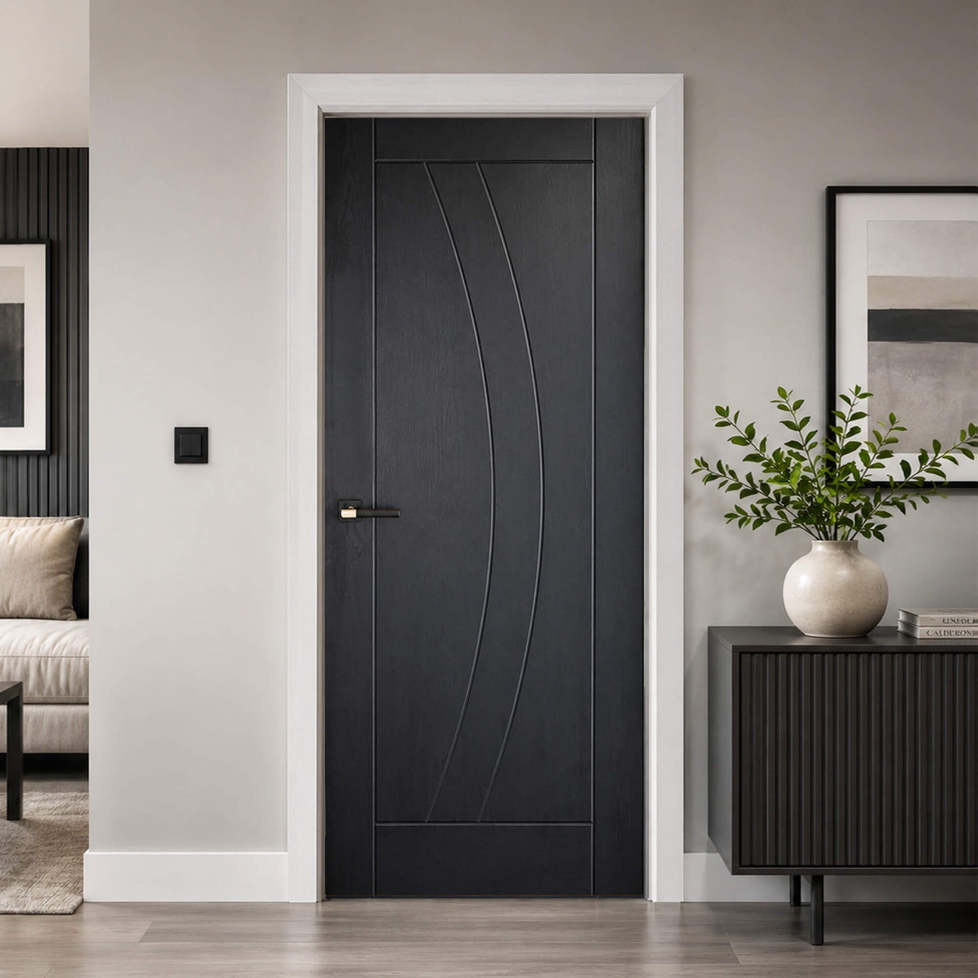 Modern Salerno Black Ash laminate 35mm interior door with decorative elements in a home setting.