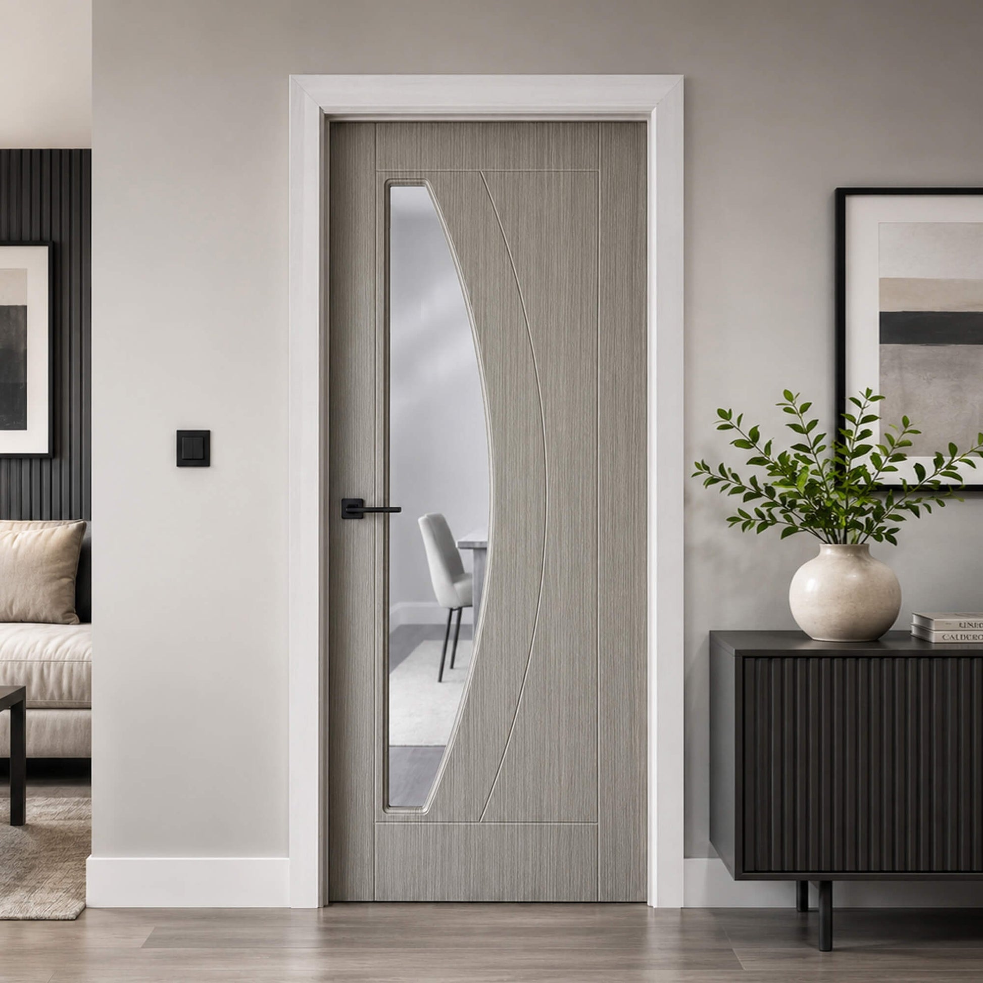 Modern Salerno Nova Grey 1 Lite 35mm laminate pre-glazed door with a decorative glass panel in a home setting.