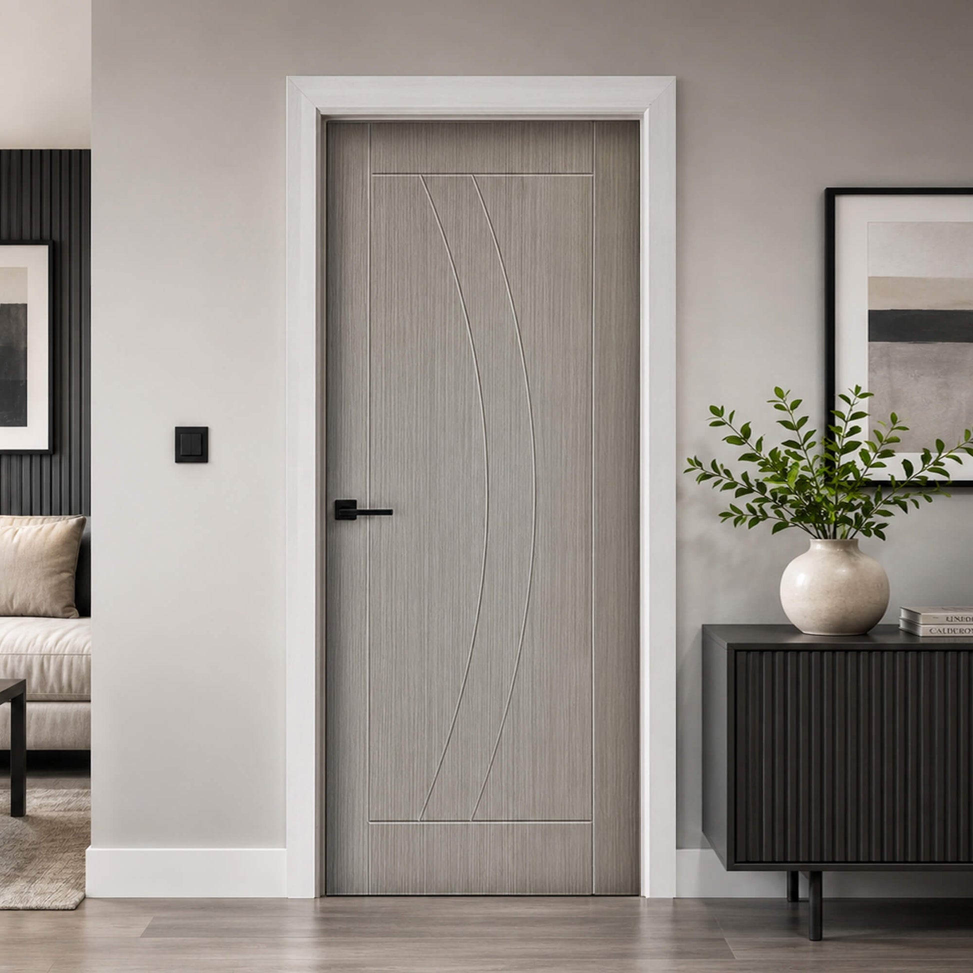 Modern Salerno Nova Grey 1 Lite 35mm  pre-glazed laminate door in a home setting with decor elements.