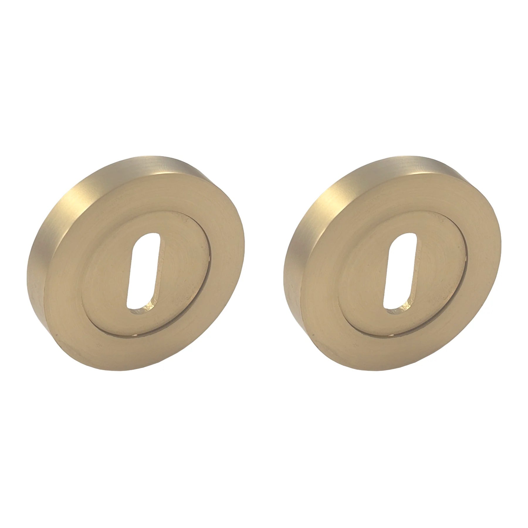 Satin brass escutcheon set for a mortice lock to match satin brass round rose handles on a white background