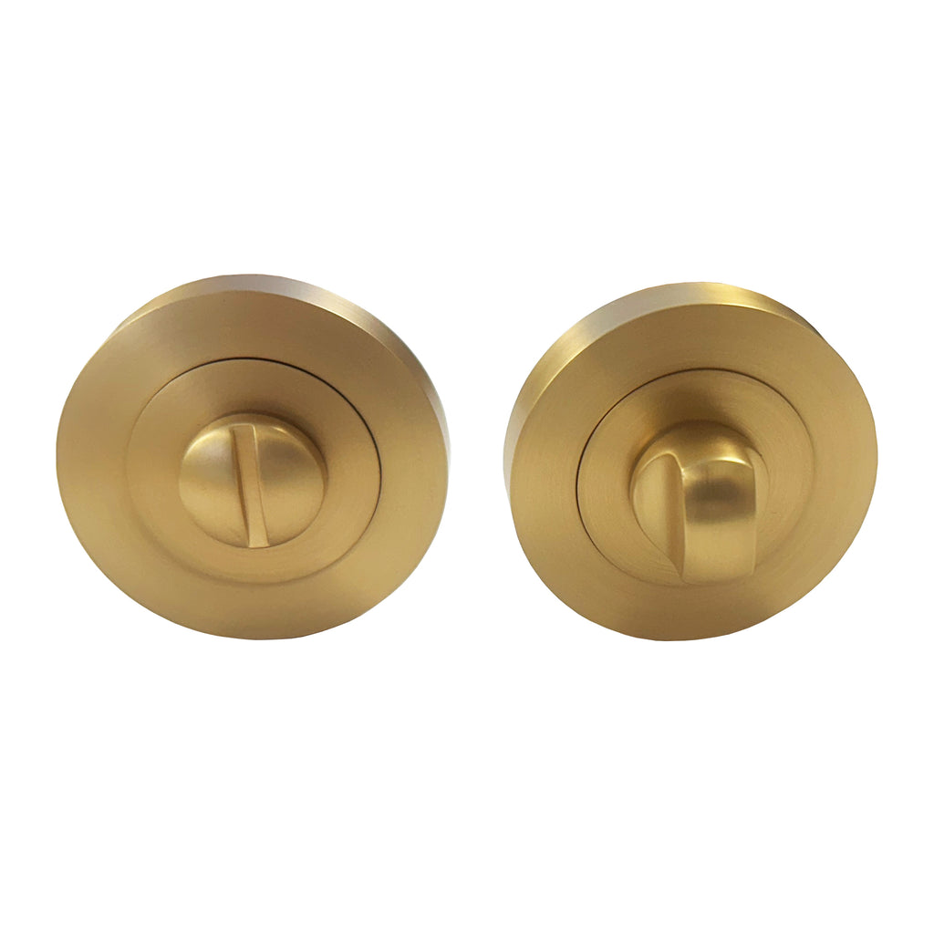 A pair of Satin Brass WC Round Thumbturns on a white background