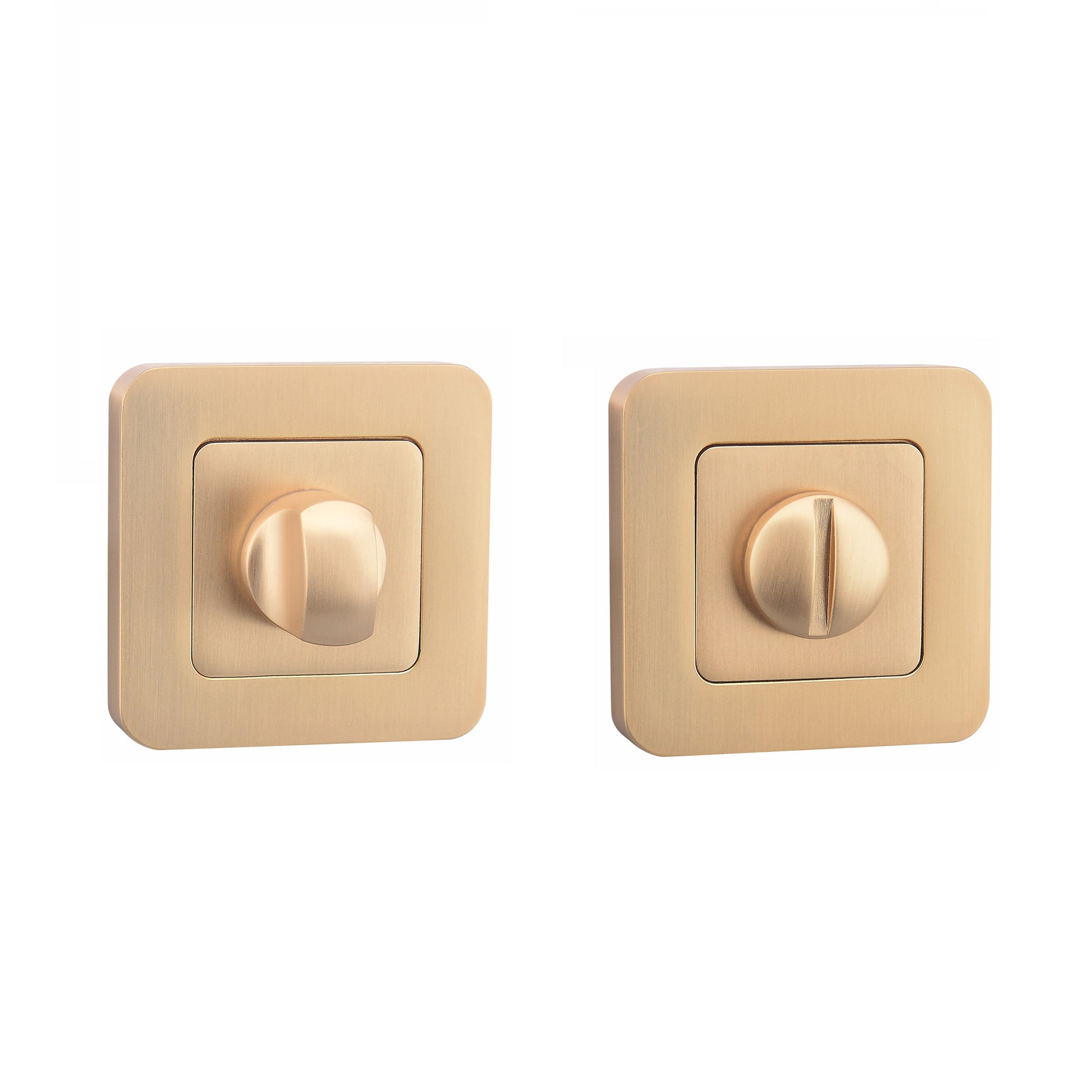 Satin Brass WC Square Thumbturn Set on a white background.