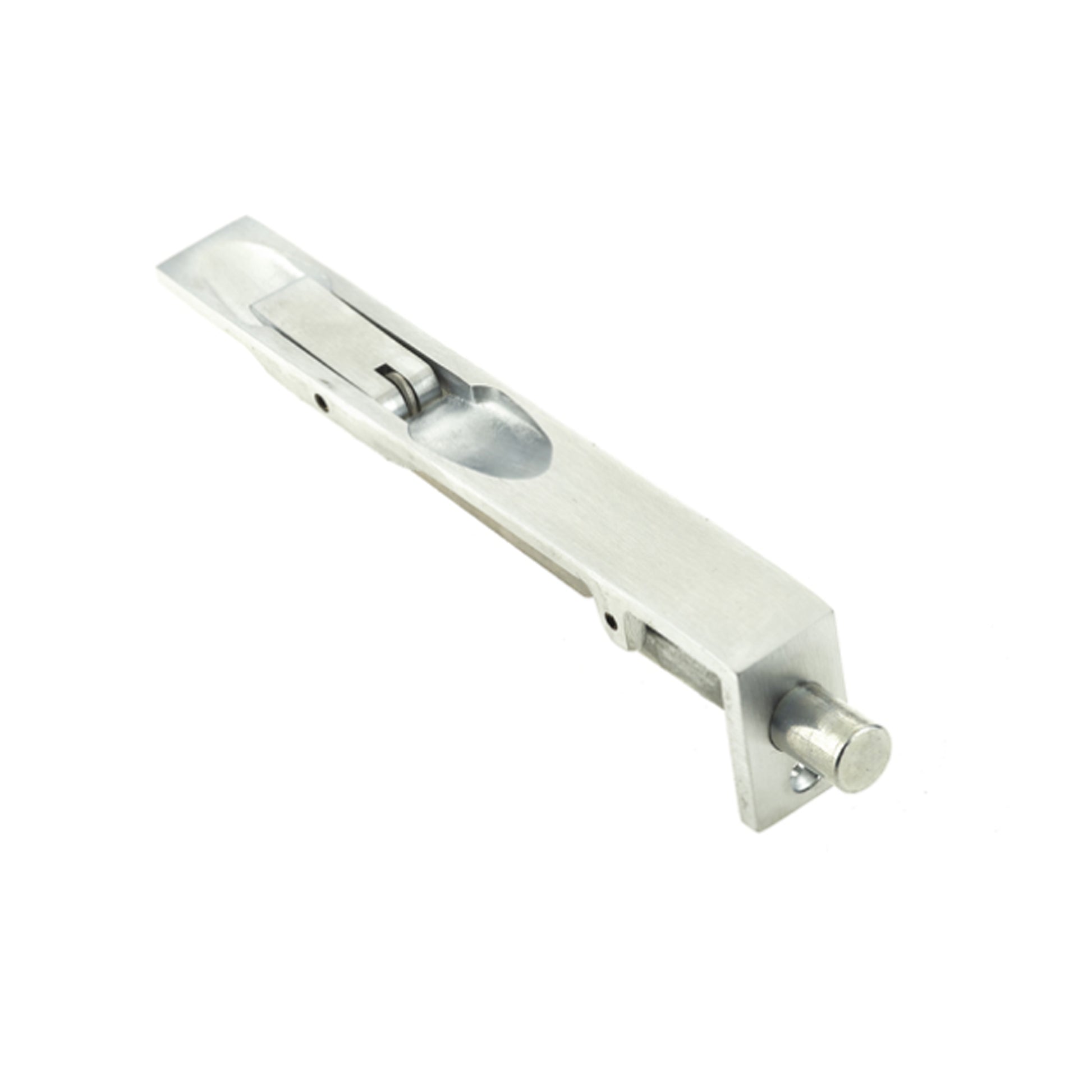 Angled view of a Satin Chrome 6" Flush Bolt on a white background.