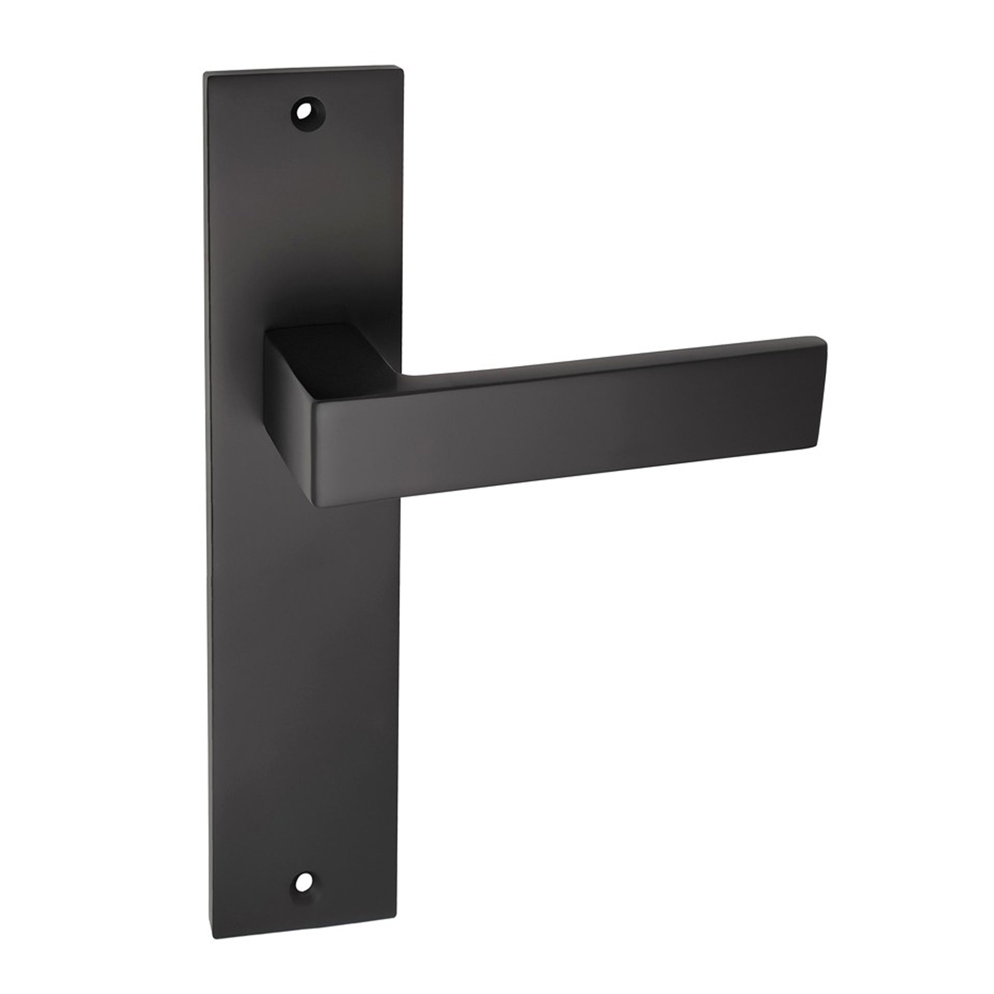 Saturn Flat Black Latch Backplate door handle on a white background