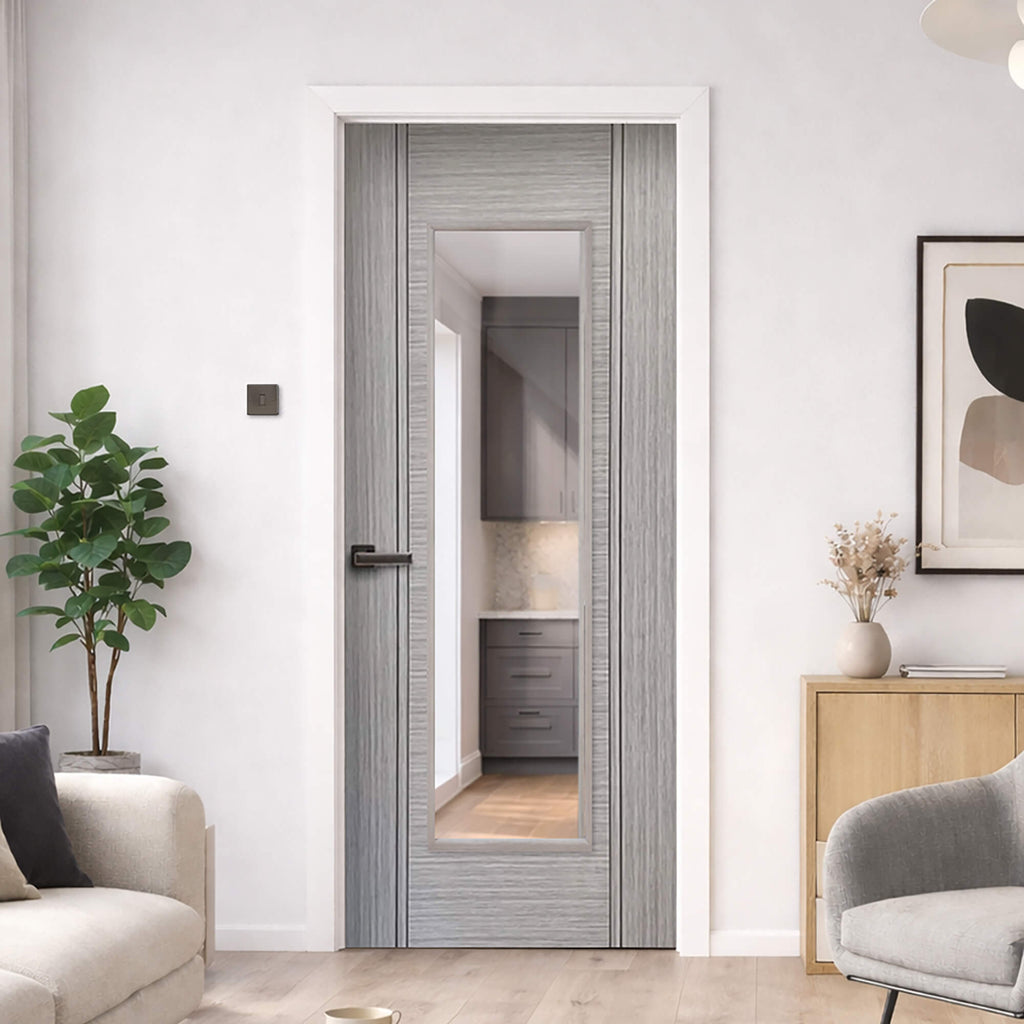 A Seattle Urban Grey 1 Lite 35mm Internal Laminate Door in an modern home interior setting.