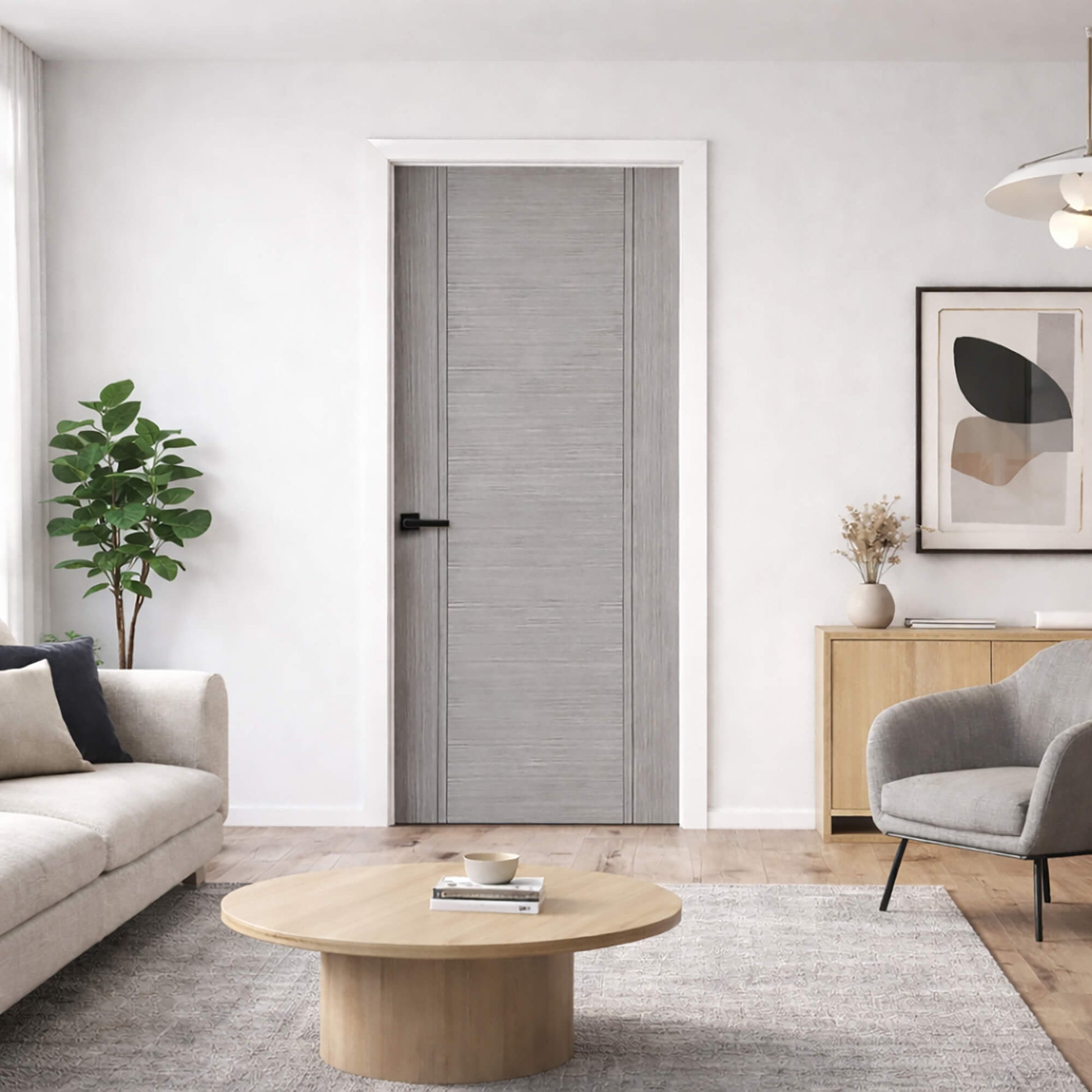 A Seattle Urban Grey 35mm Internal Laminate Door in a modern home living room setting.