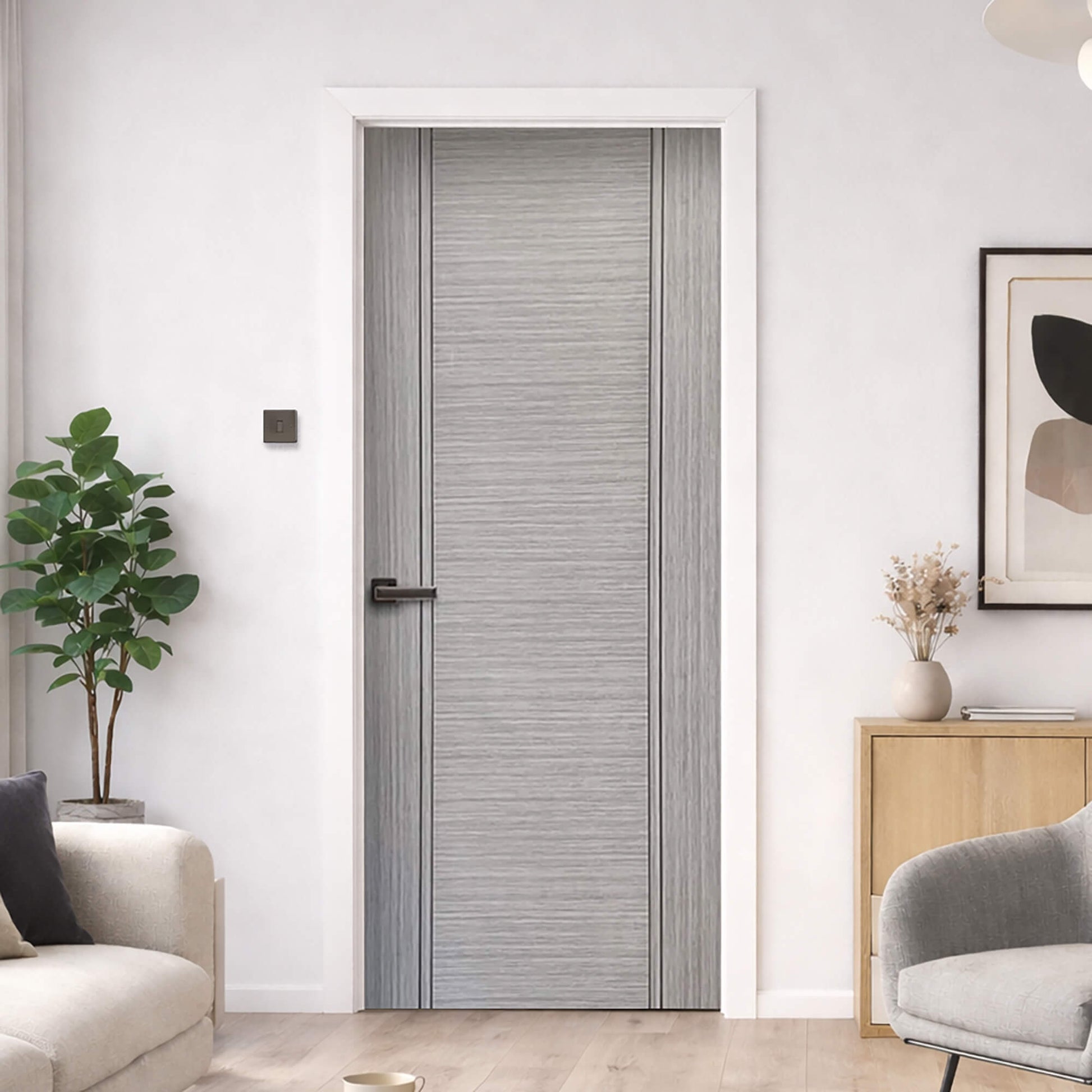 A Seattle Urban Grey 35mm Internal Laminate Door in an modern home interior setting.