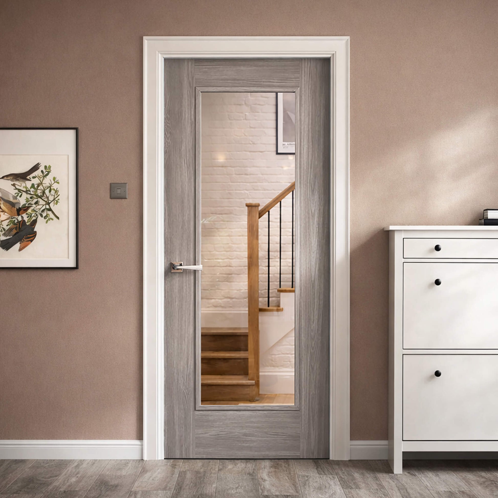 Shaker Lava Grey 1 Lite 40mm Laminate Door in a living room interior setting looking into a hallway with stairs.