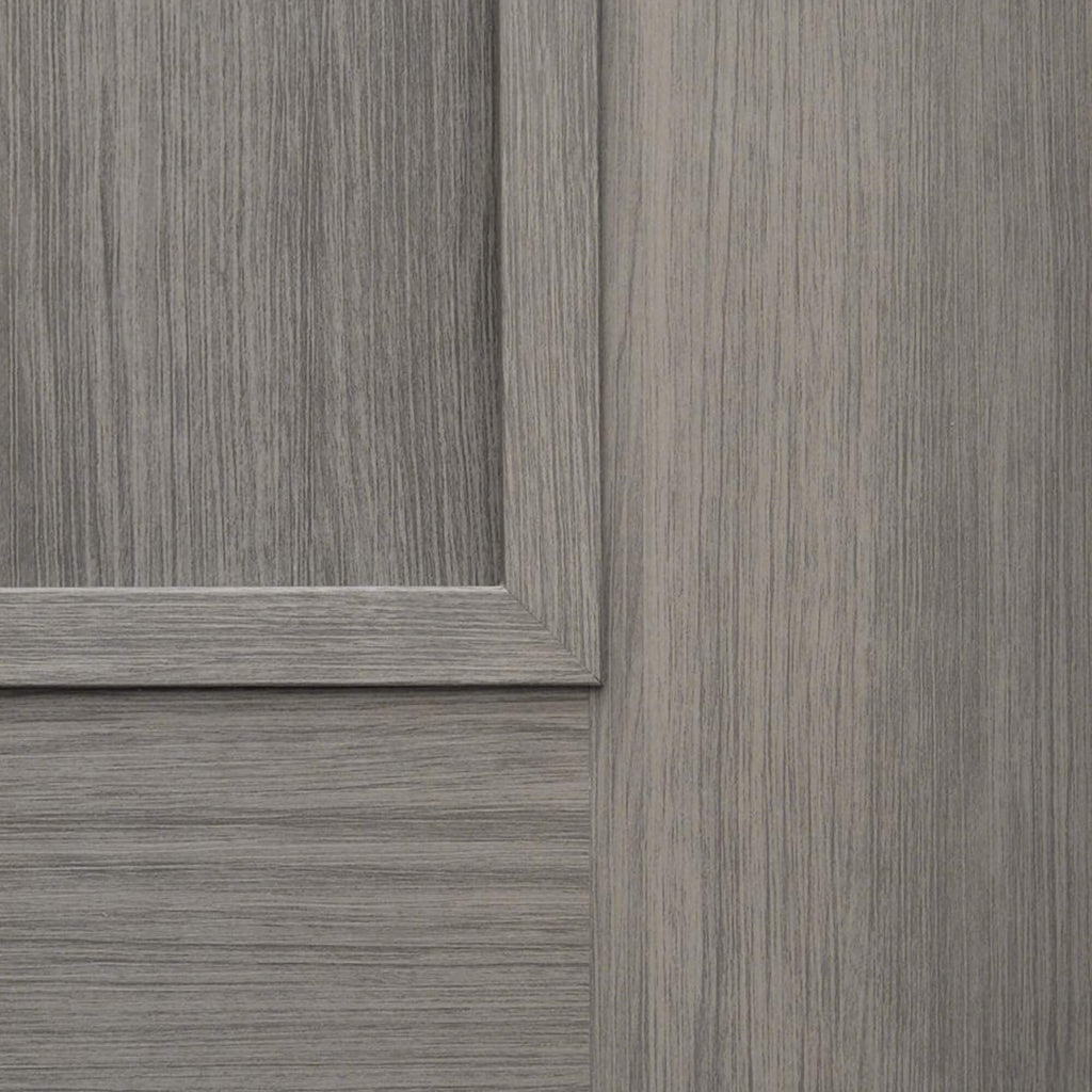 Close up of the panelling and woodgrain on a Shaker Lava Grey 1 Panel 40mm Internal Laminate Door.
