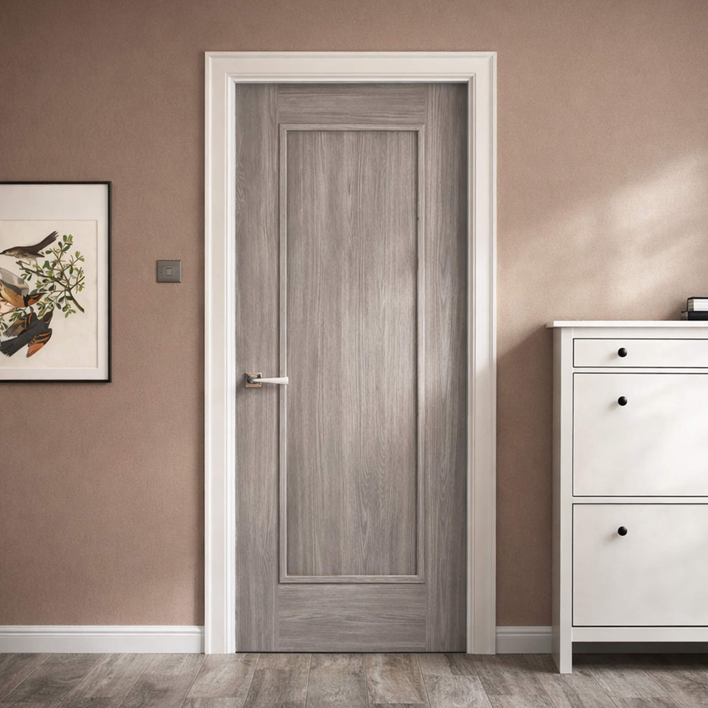 Shaker Lava Grey 1 Panel 40mm Laminate Door in a hallway interior setting 