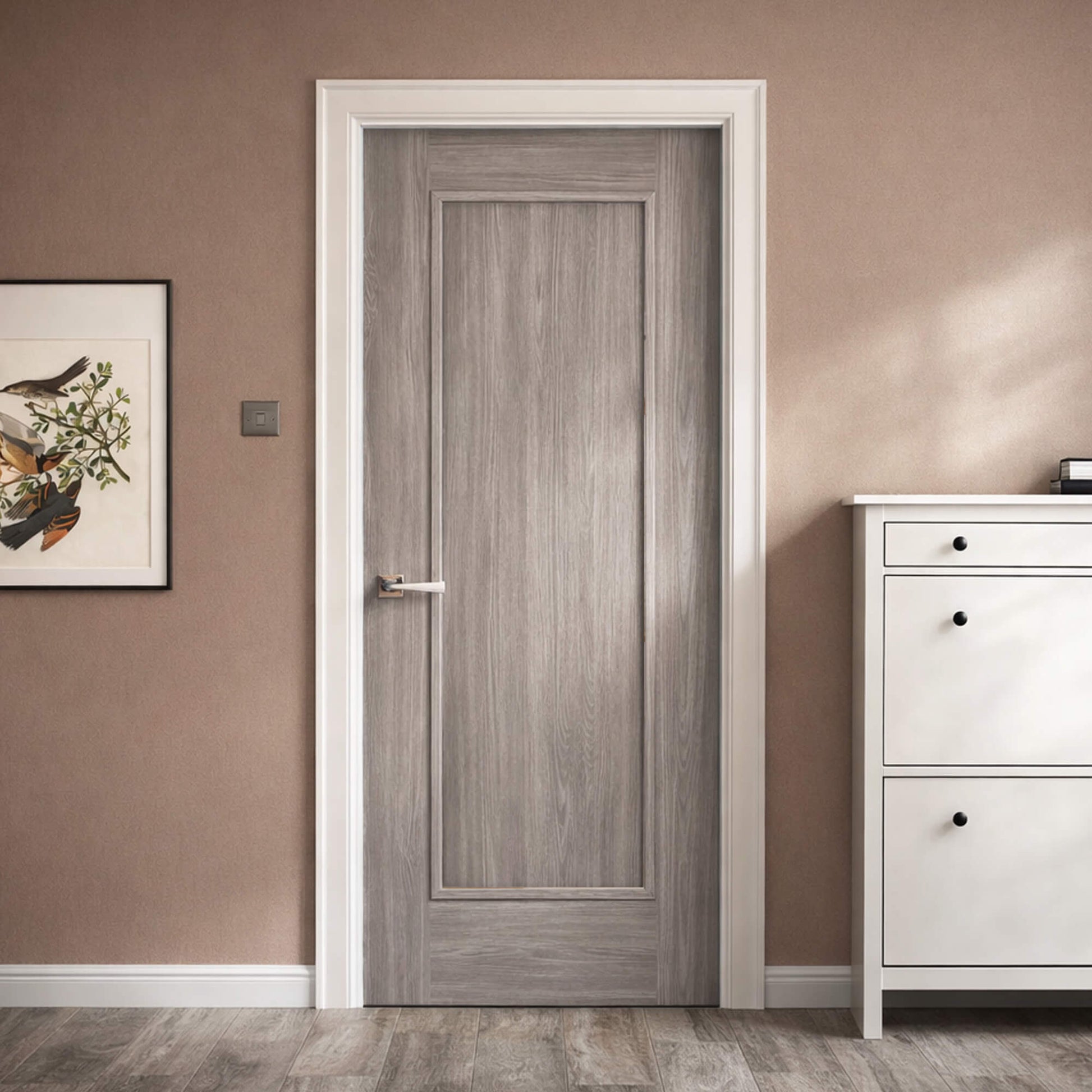 Shaker Lava Grey 1 Panel 40mm Laminate Door in a hallway interior setting 