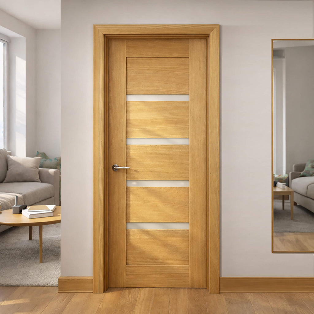 A Shaker White Oak Vision Panel 40mm Internal Door in a modern interior setting.