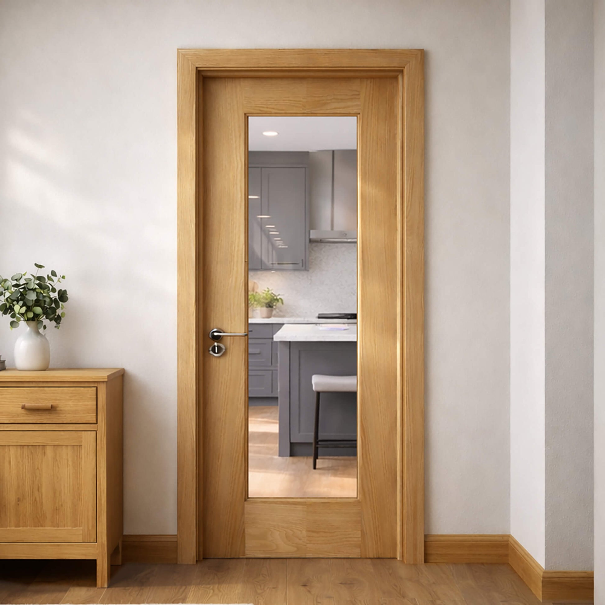 A Shaker White Oak 1 Lite 40mm Unglazed Door, with 4mm toughened clear glass in a home interior setting.
